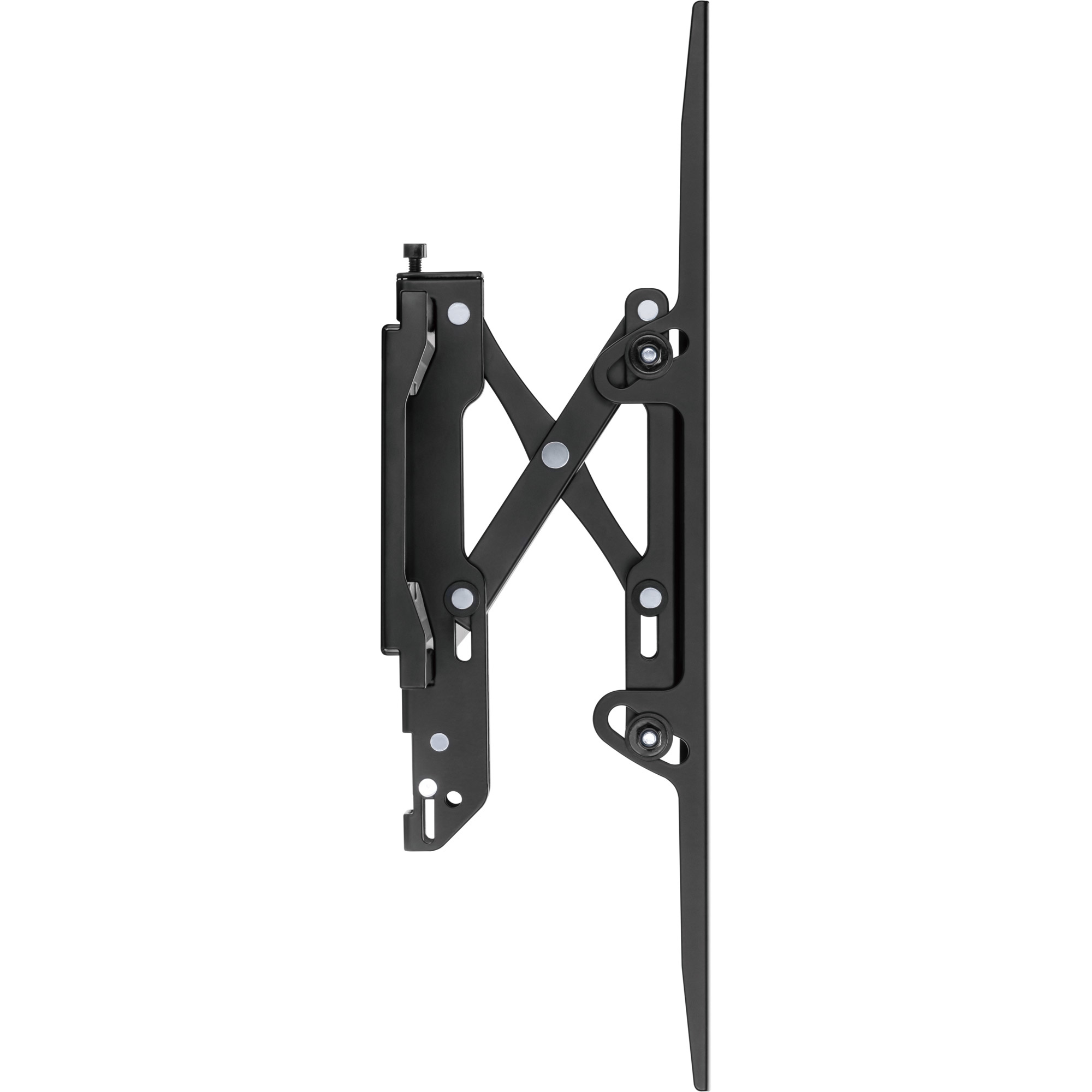 Un supporto TV nero su sfondo bianco. Ha un design a braccio articolato con più punti di snodo e piastre di montaggio.