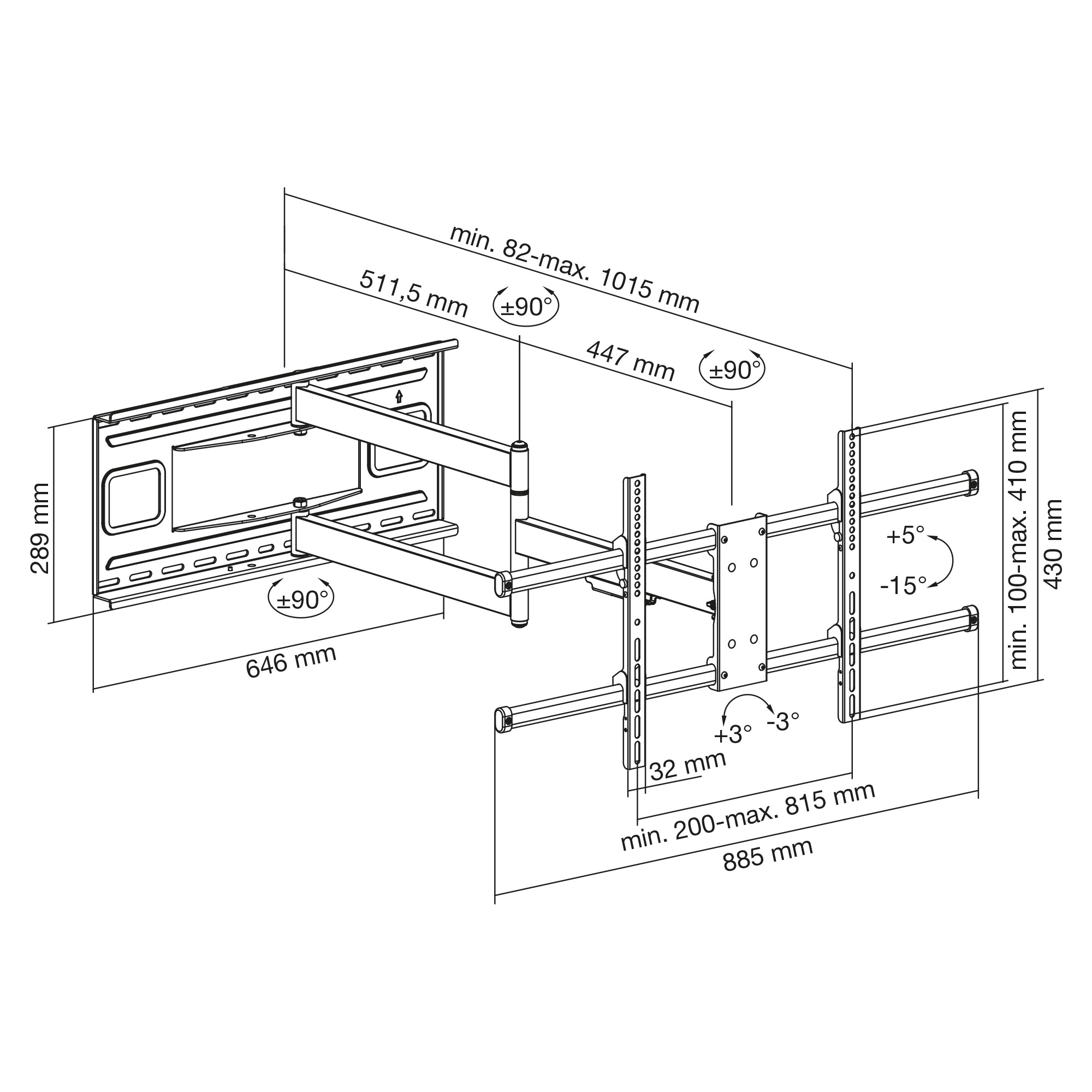 Dessin technique d'un support mural pour TV, avec dimensions et angles indiqués. C'est une illustration en noir et blanc.