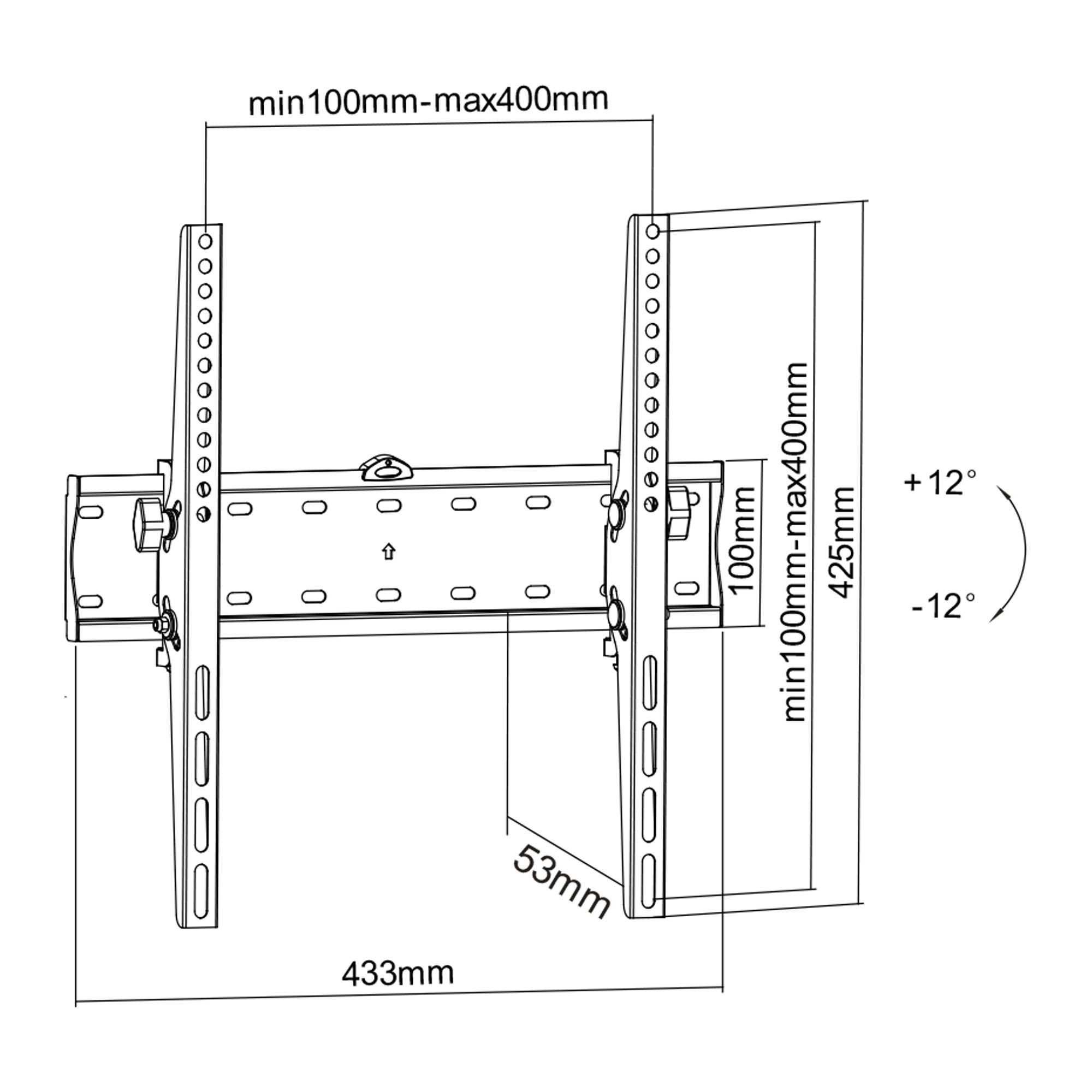 Schéma d'un support TV. Indique les dimensions et les angles de réglage. Inclut du texte et des lignes de mesure.