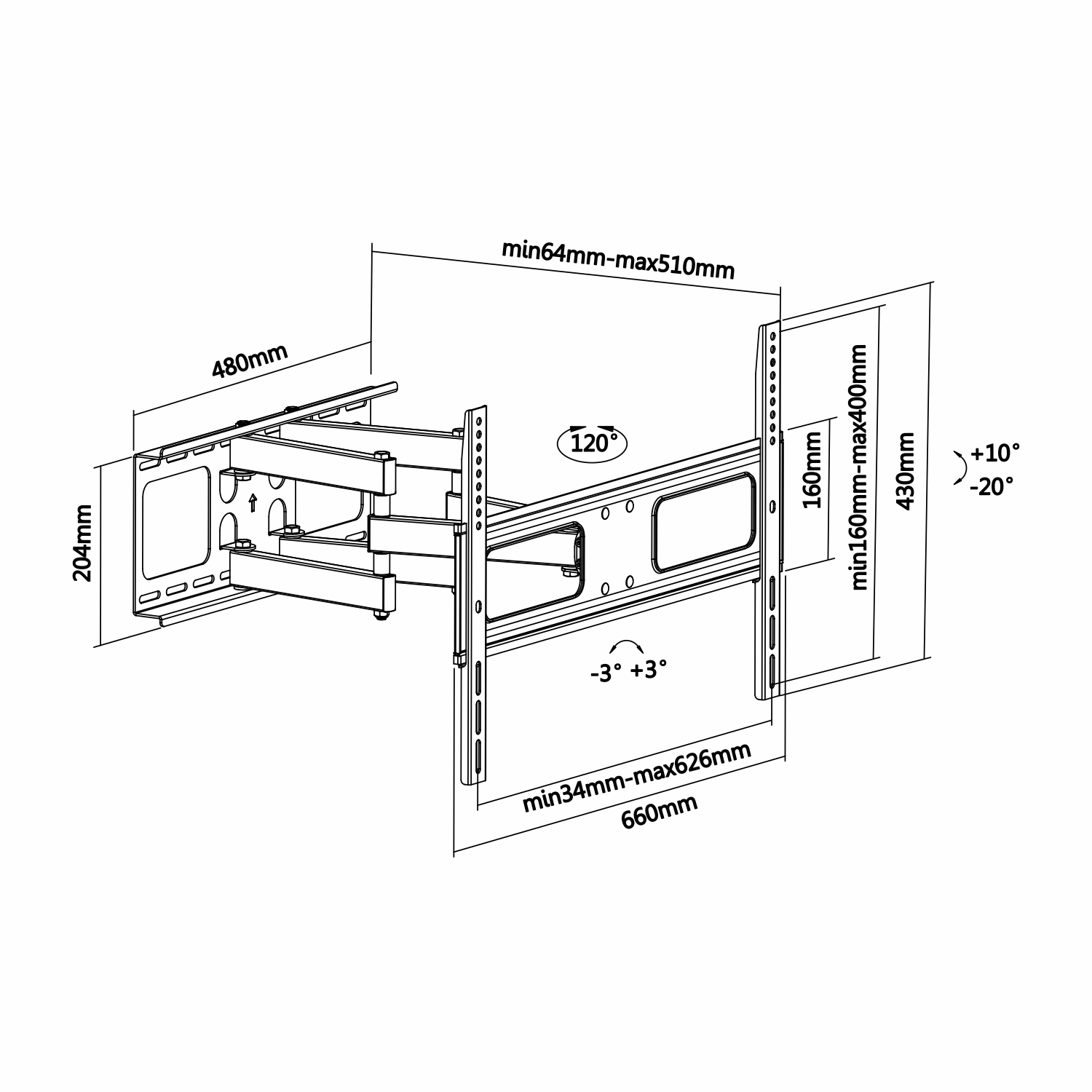 Un dibujo técnico en blanco y negro de un soporte de pared para TV, que muestra dimensiones y ángulos.