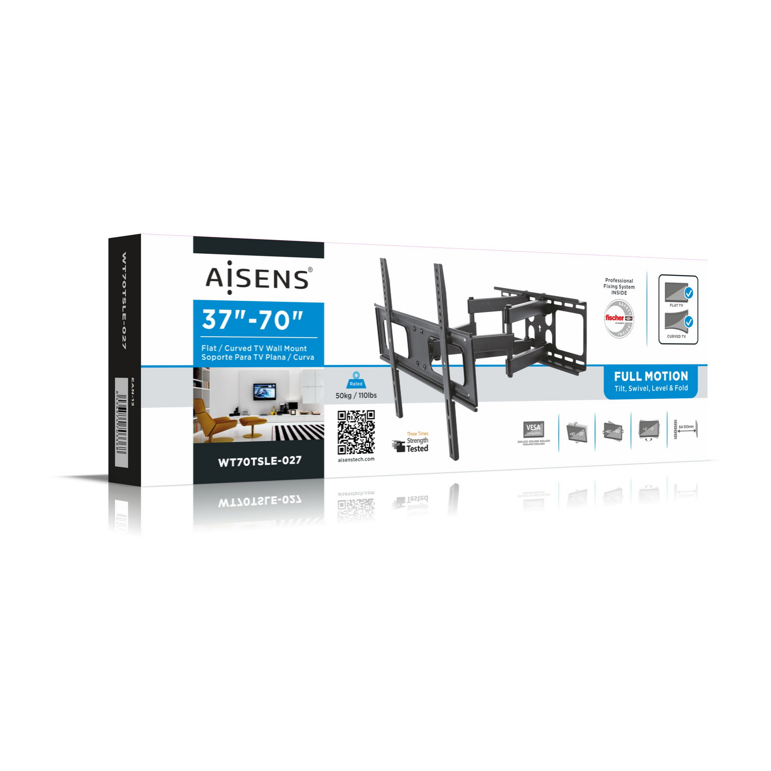 Caja con soporte de pared para TV. Incluye el logotipo de AISENS, especificaciones y un código QR.