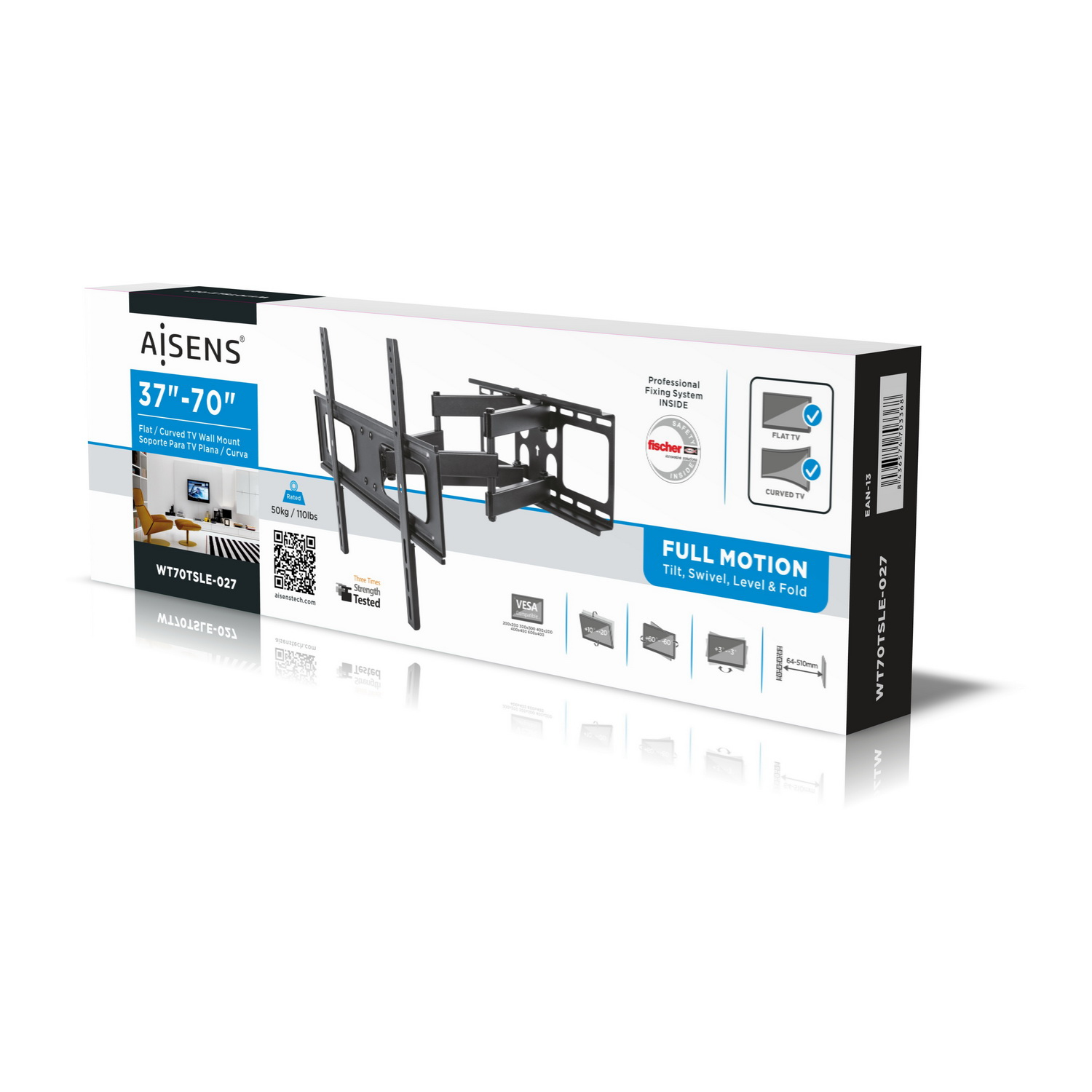 Caja de soporte de pared para TV Aisens. Incluye movimiento completo, inclinación, giro, nivelación y plegado. Compatible con TV de 37"-70".