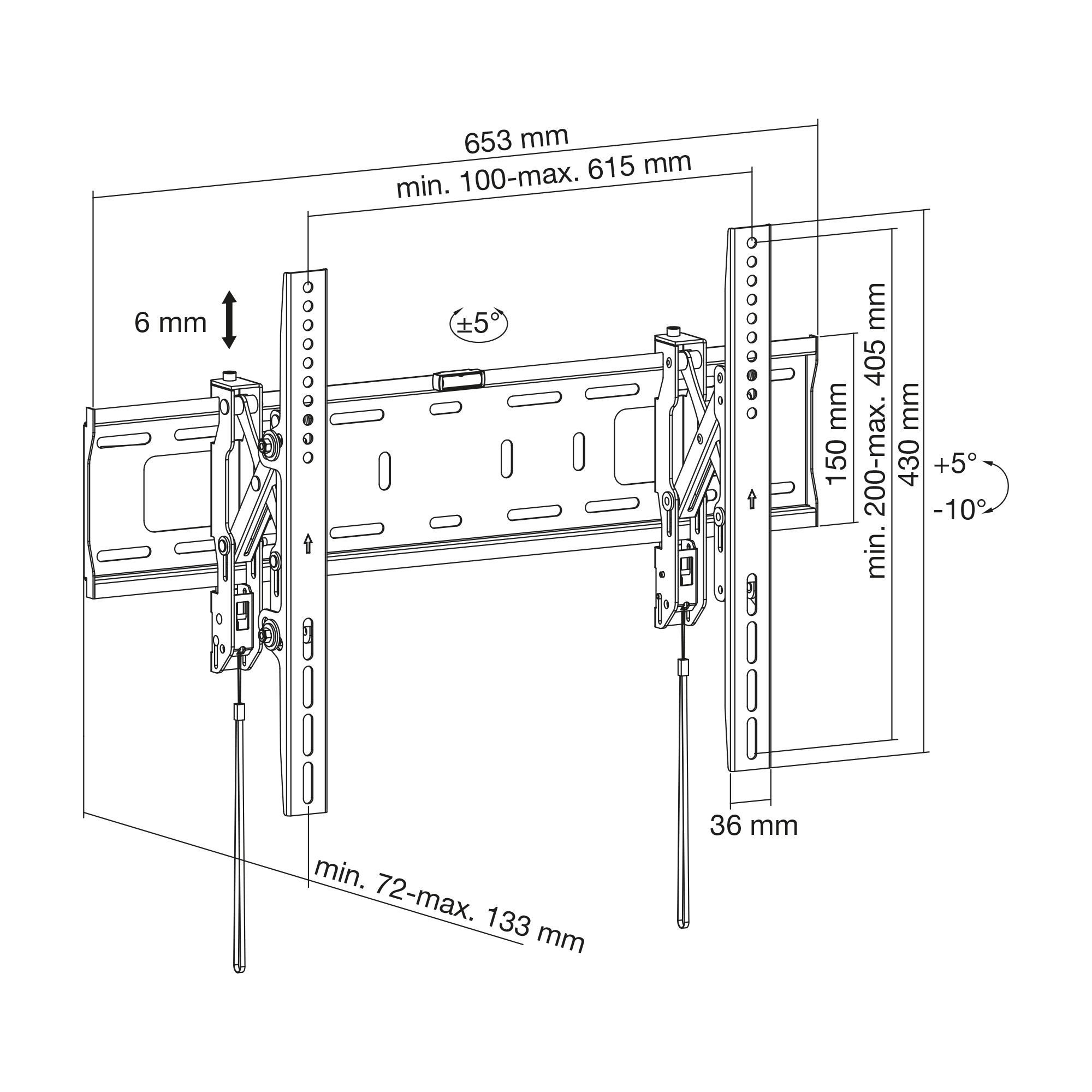Disegno tecnico di un supporto TV. Dimensioni e angoli sono etichettati, tra cui 653 mm, 150 mm e angoli di ±5° e -10°.