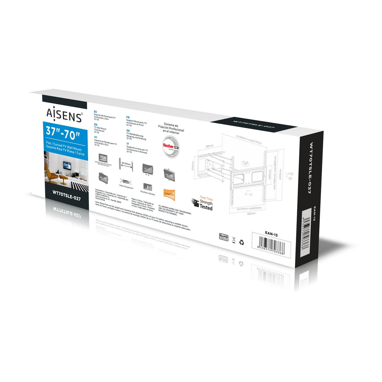 Caja de soporte de pared para TV. Caja blanca con detalles del producto, diagramas y nombre de la marca. Texto negro sobre fondo blanco.