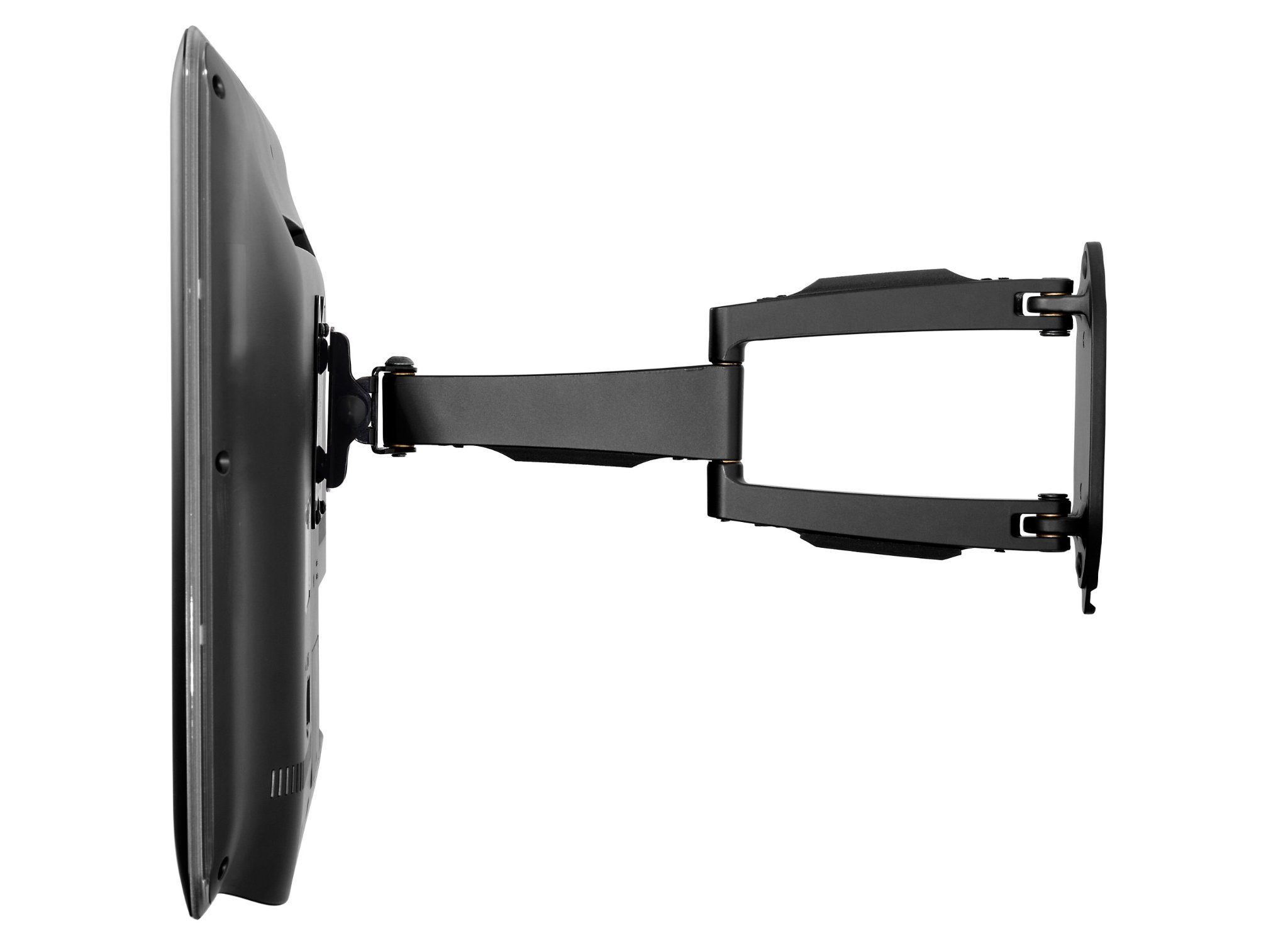 Un support TV noir s'étendant d'un mur, tenant un téléviseur noir. Le support est articulé pour le mouvement.
