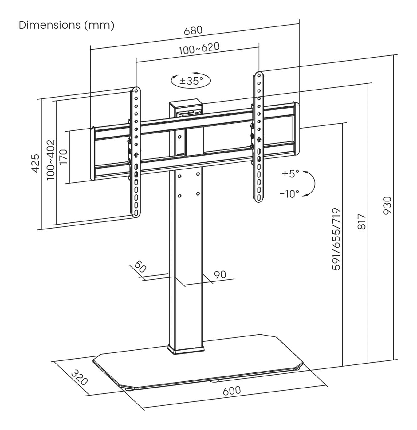 Diagramm eines TV-Ständers mit Abmessungen in mm. Es hat eine Basis, eine vertikale Stange und eine Halterung zur Montage eines Fernsehers.