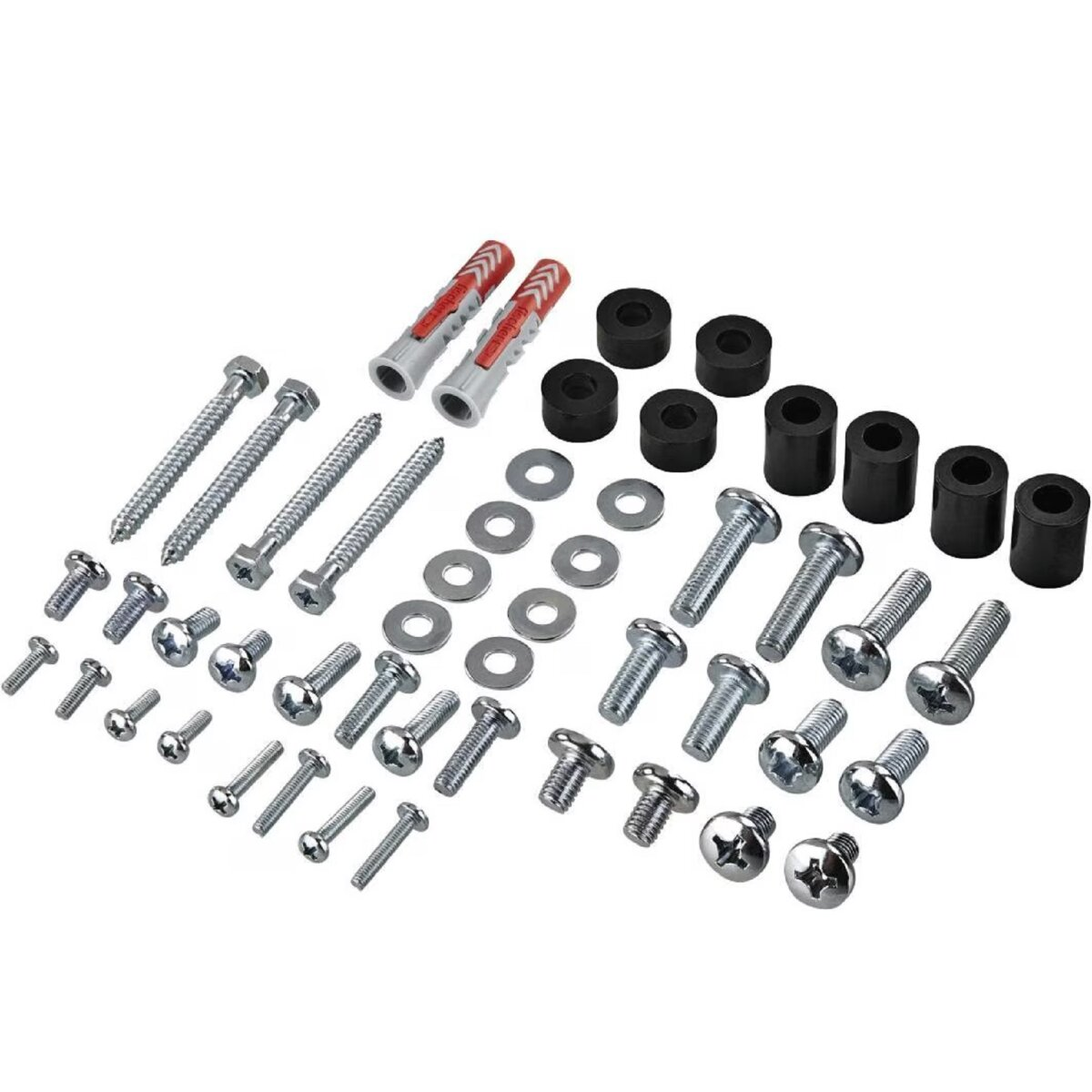 Zbiór elementów metalowych, w tym śruby różnych rozmiarów, podkładki, czarne cylindryczne dystanse oraz czerwono-białe kołki.