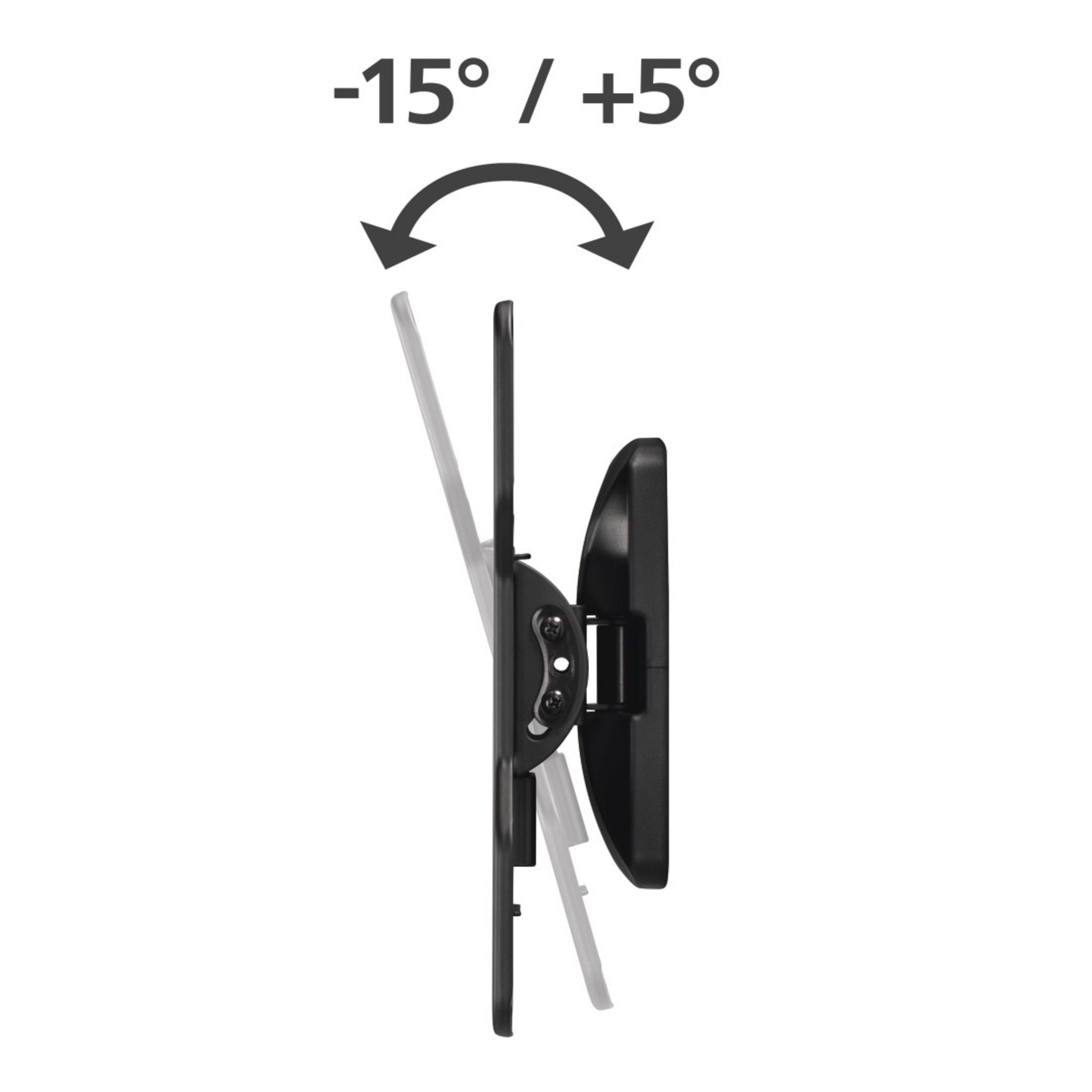 Czarny uchwyt ścienny do telewizora. Obraz pokazuje zakres pochylenia. Tekst brzmi -15° / +5° ze strzałką u góry.