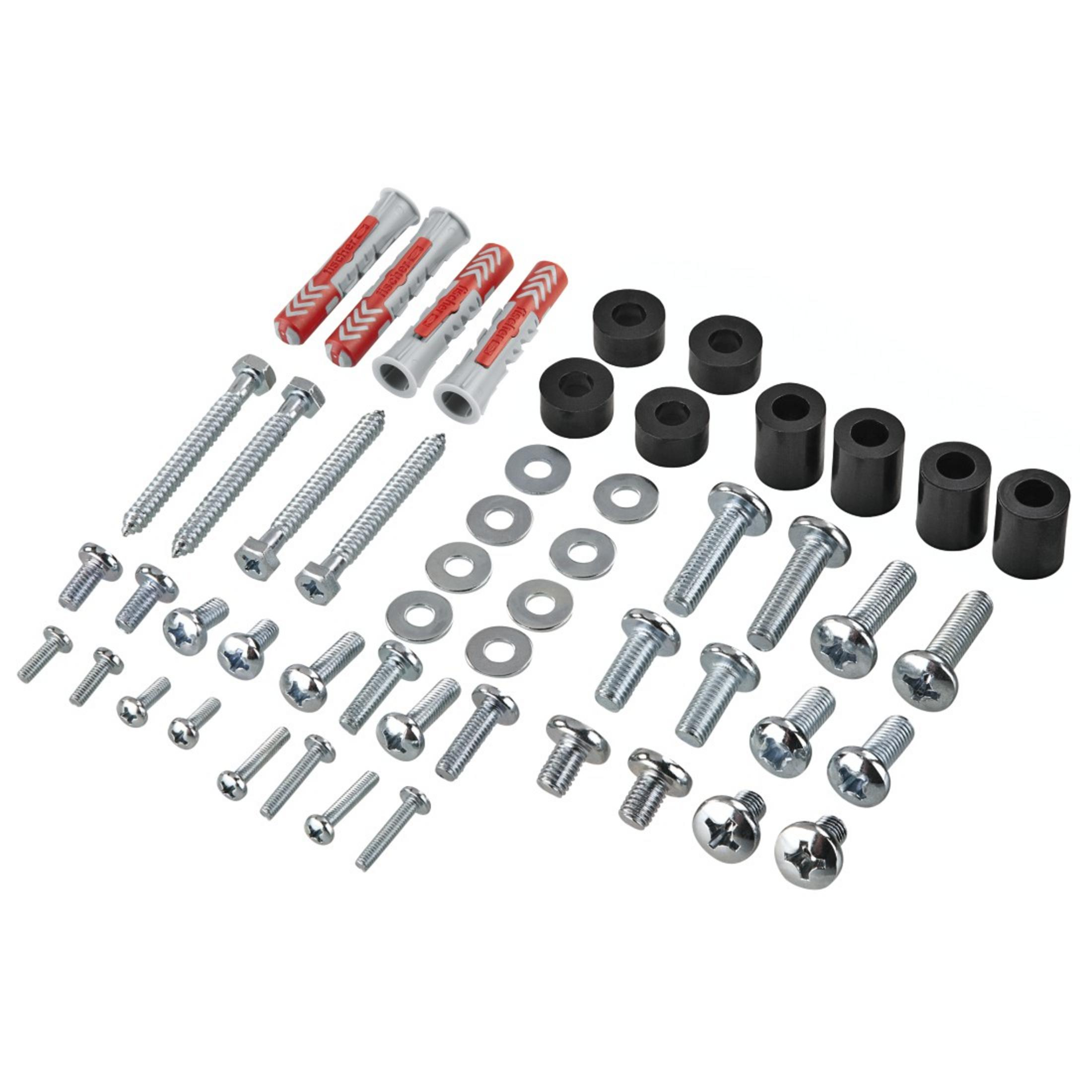 Różne elementy metalowe, w tym śruby, podkładki, kołki ścienne i czarne cylindryczne dystanse, na białym tle.