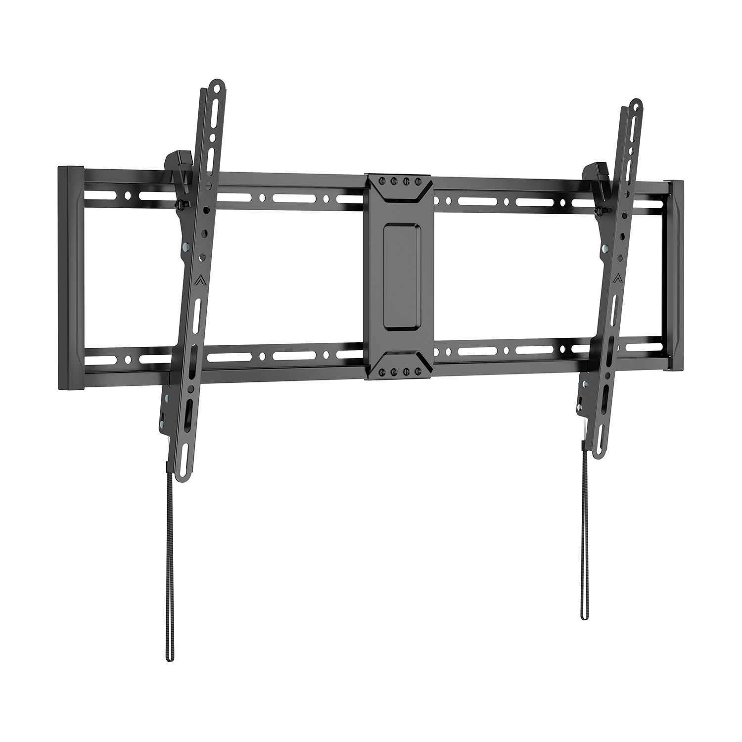 Supporto a parete per TV nero su sfondo bianco. Ha due supporti verticali e barre orizzontali.