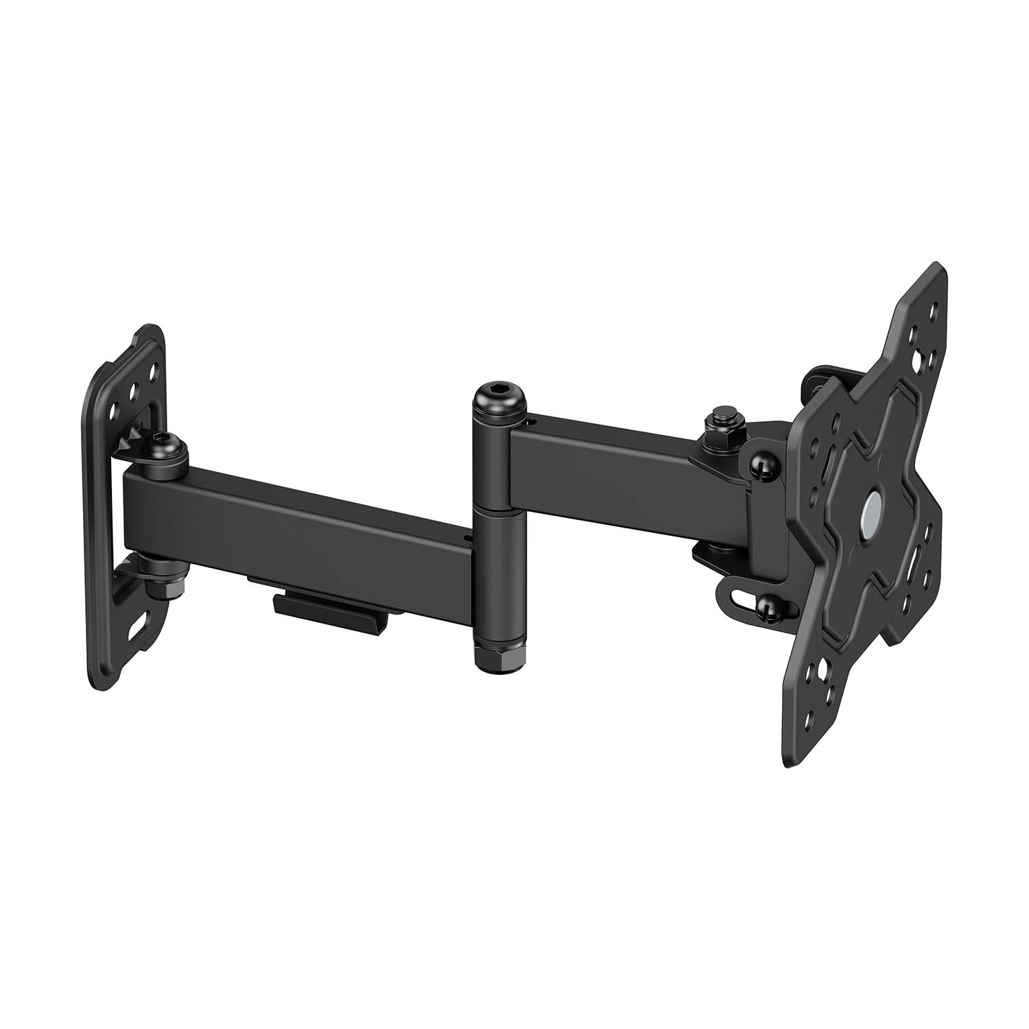 Un soporte de pared para TV negro con brazos articulados, múltiples articulaciones y una placa de montaje. Fondo blanco.