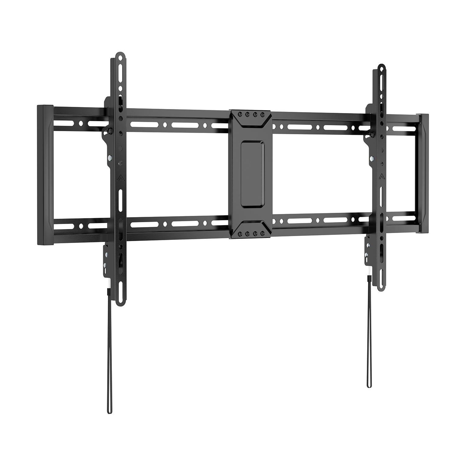 Supporto TV in metallo nero, progettato per il montaggio a parete. Presenta molteplici punti di montaggio e bracci regolabili. Isolato su sfondo bianco.