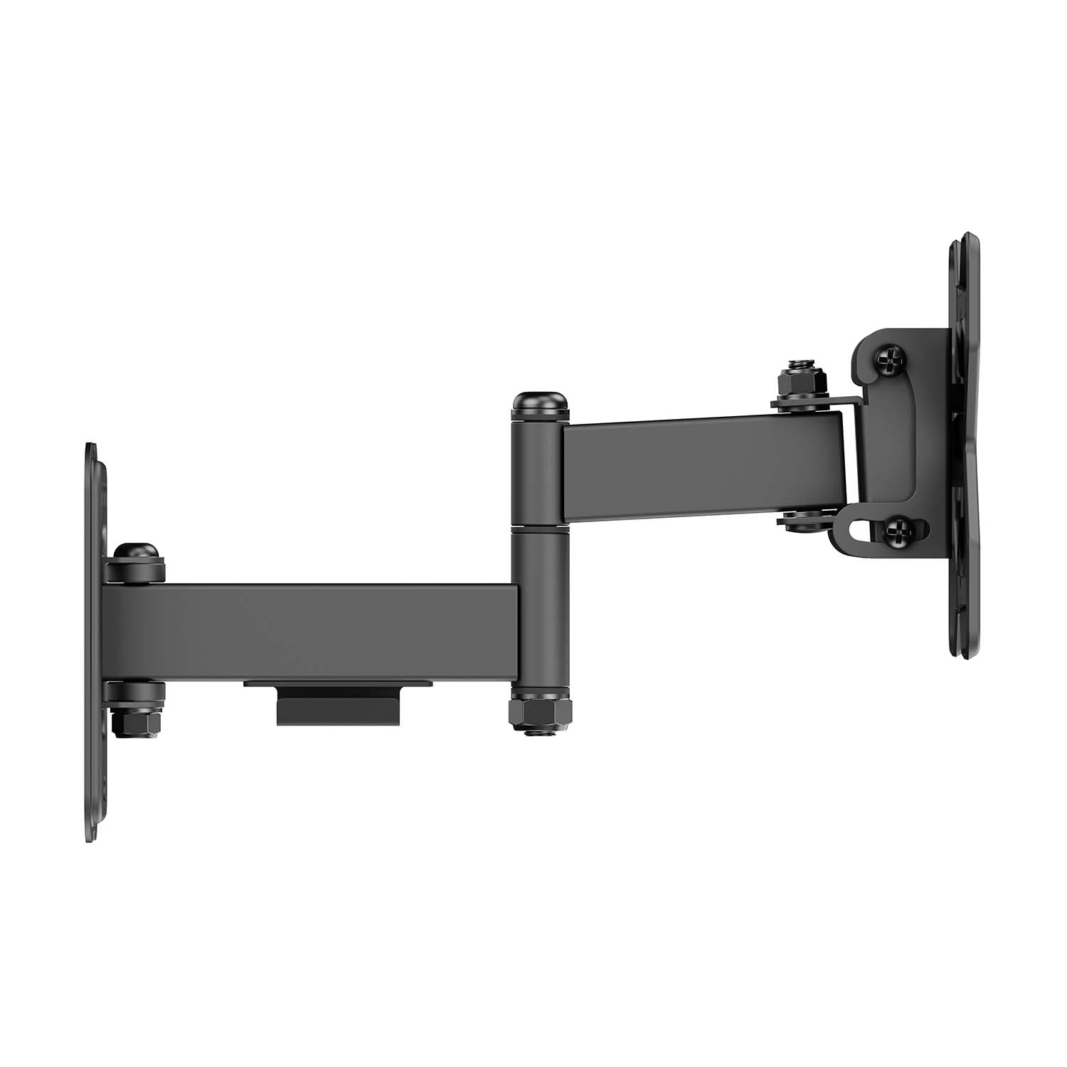 Un soporte de pared para TV articulado negro. Tiene múltiples articulaciones y placas de montaje, diseñadas para sostener y ajustar un televisor.