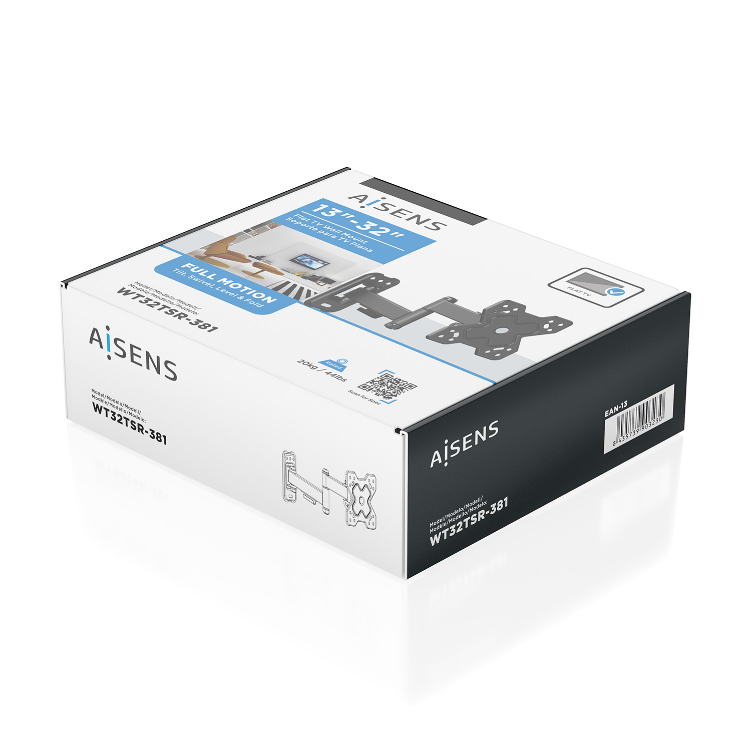 Una caja blanca y negra de un soporte de pared para TV de movimiento completo, marca Aisens, modelo WT32TSR-381, con una ilustración de montaje de TV.