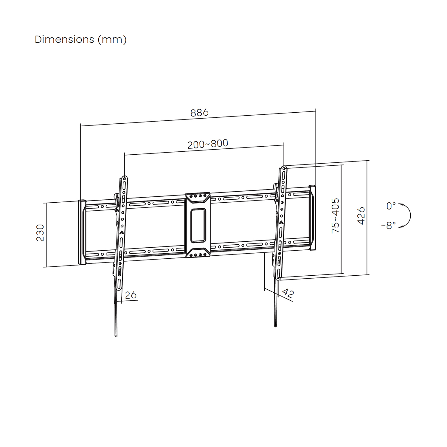 Disegno tecnico di un supporto TV con dimensioni in mm. Include misure e angoli per l'installazione e la regolazione.