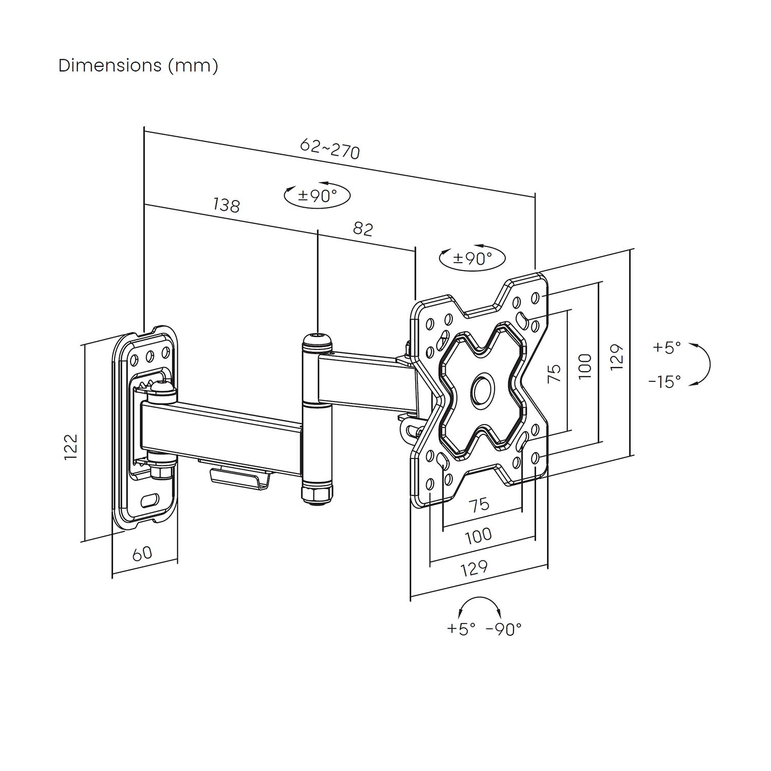 Diagrama de un soporte de pared con dimensiones en mm. Muestra brazo articulado, placas de montaje e indicadores de grados.