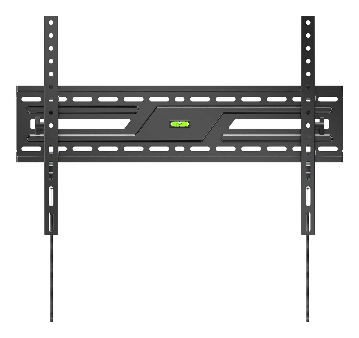 Un soporte de pared para TV negro, con rieles verticales y una placa horizontal. Un nivel verde en el centro.