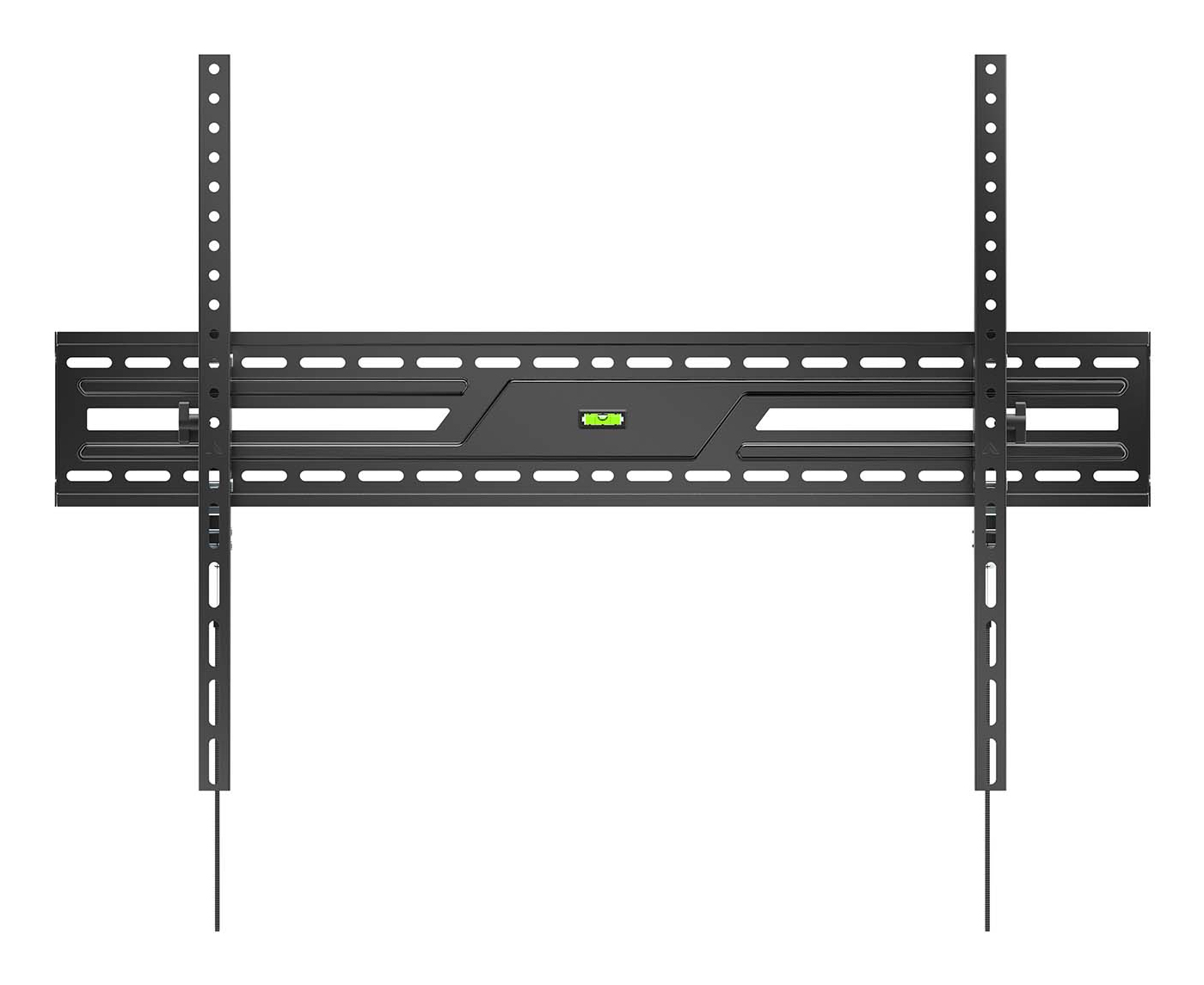 Un soporte de pared negro para TV con muchos agujeros y un nivel. Dos brazos verticales se extienden hacia abajo.