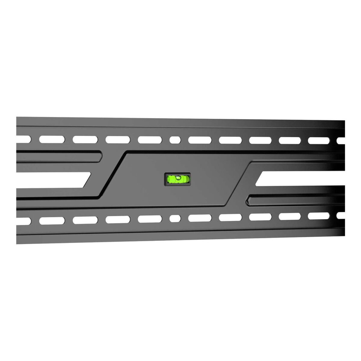 Soporte de TV de metal negro con nivel verde. El soporte tiene múltiples agujeros y un diseño geométrico. El fondo es blanco.