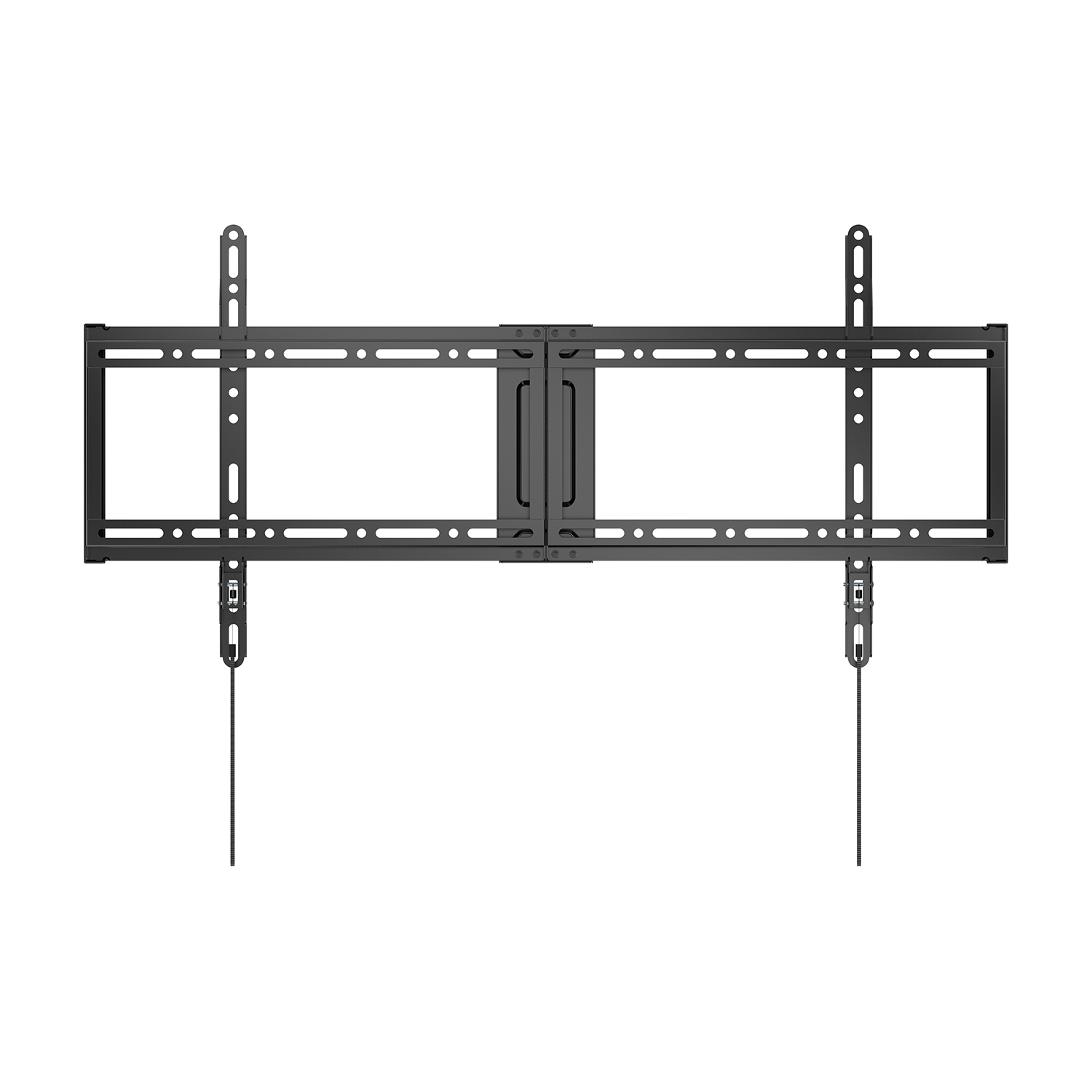 Un soporte de TV de metal negro. Tiene un marco rectangular con múltiples agujeros y ranuras. Dos brazos cuelgan hacia abajo.
