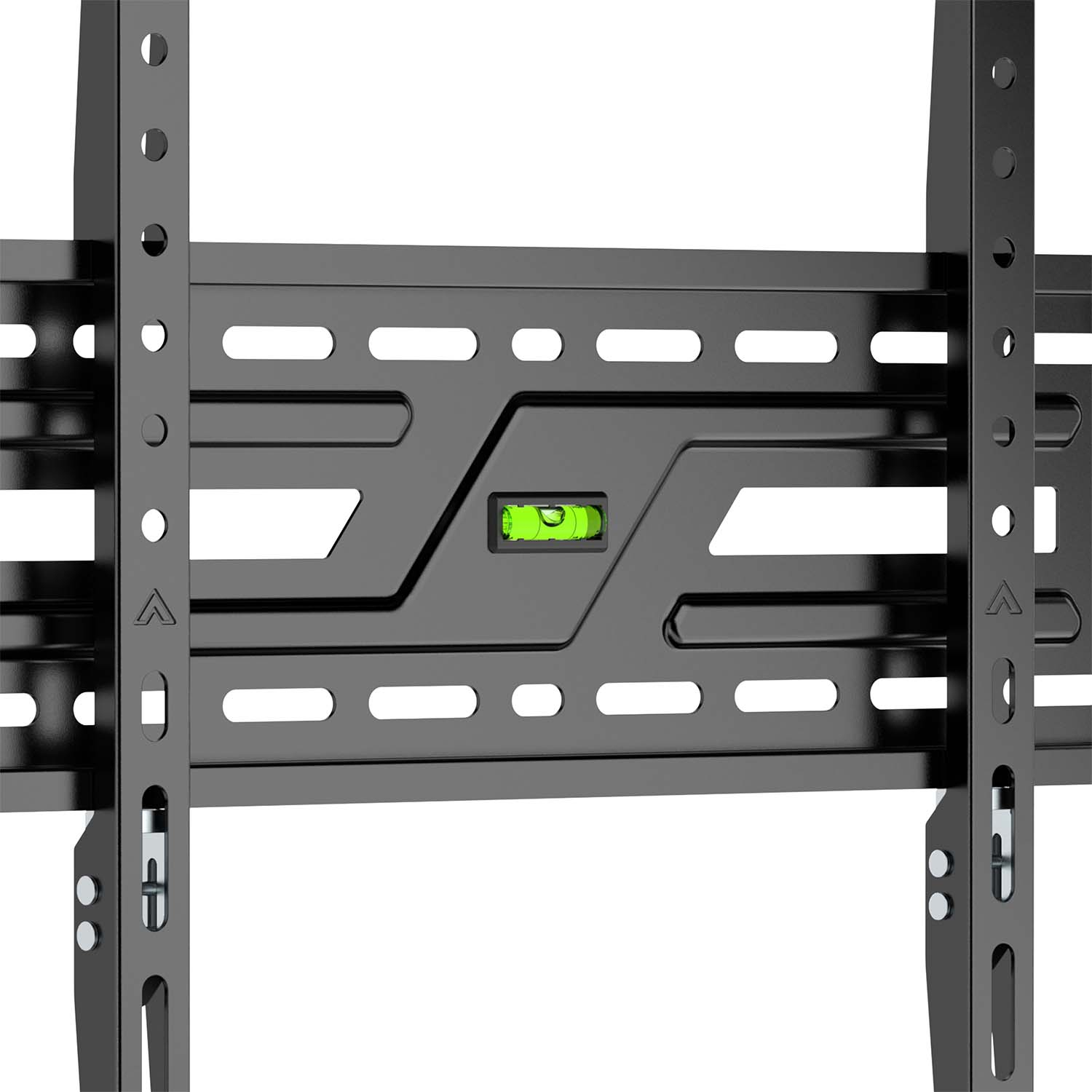Un soporte de pared negro para TV con nivel. Tiene múltiples agujeros y ranuras. El nivel es verde con una burbuja dentro.