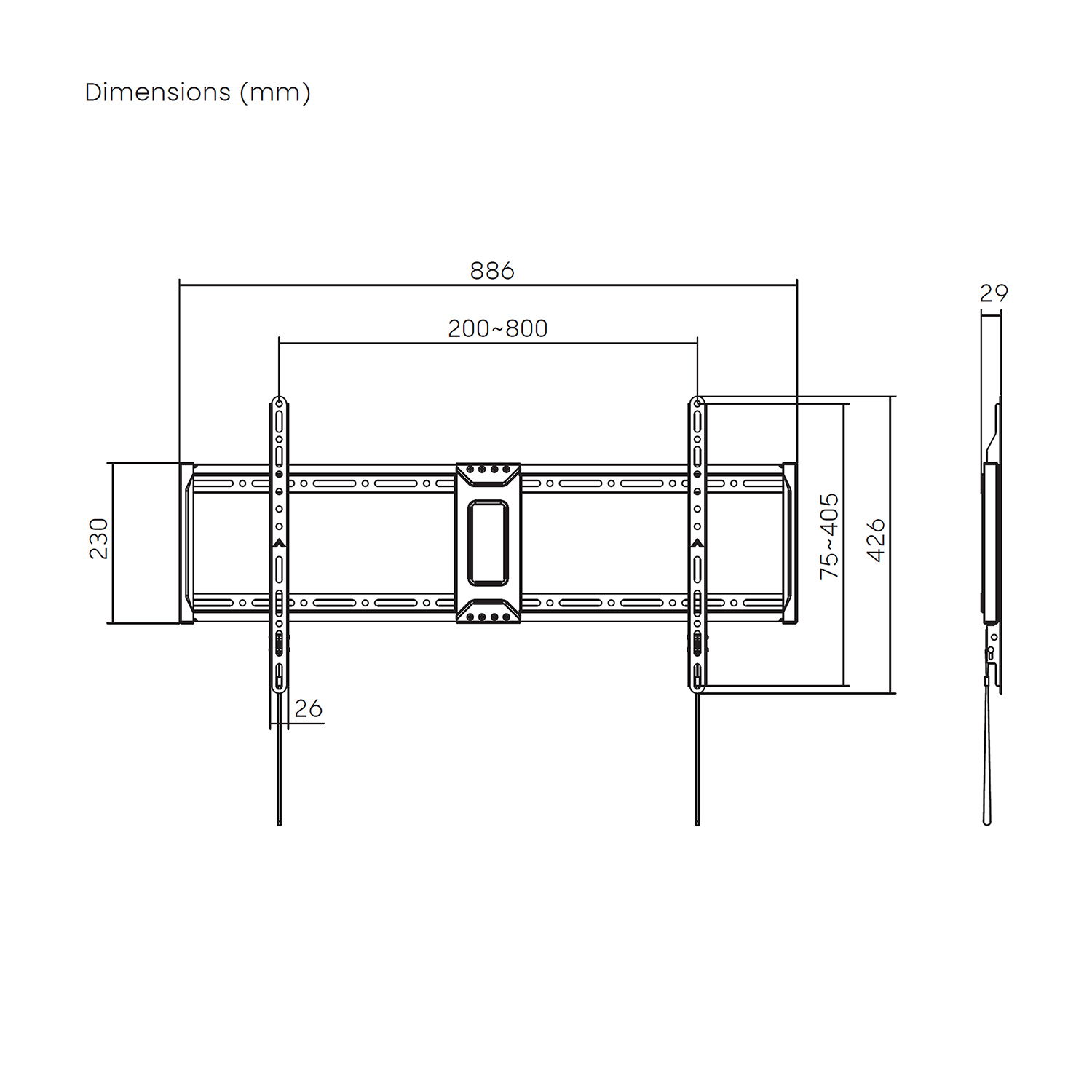 Dibujo técnico de un soporte de pared para TV con dimensiones en milímetros. Muestra vistas superior y lateral con medidas.