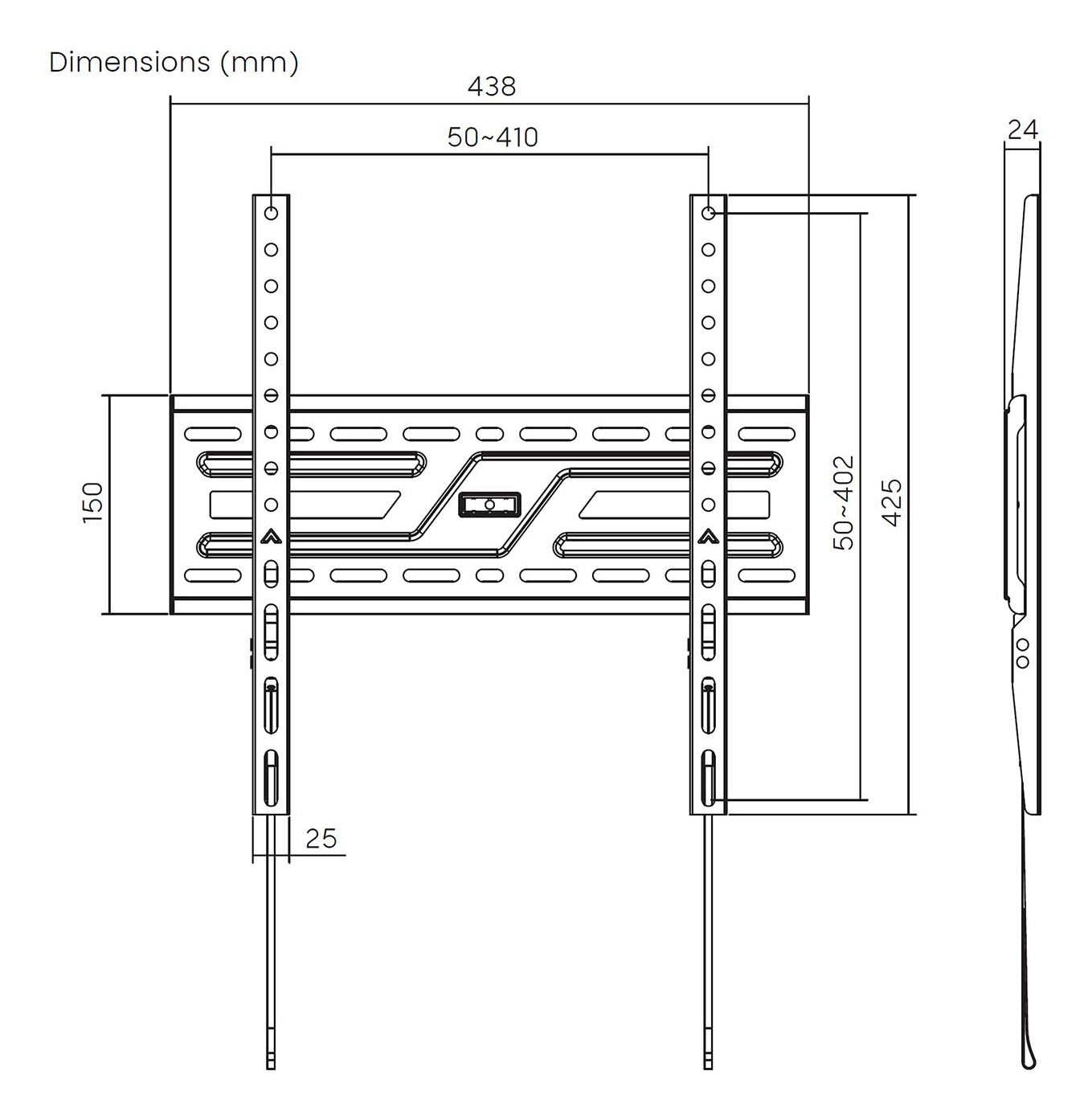 Dibujo técnico de un soporte de TV con dimensiones en milímetros. Muestra un soporte metálico con agujeros y brazos ajustables.
