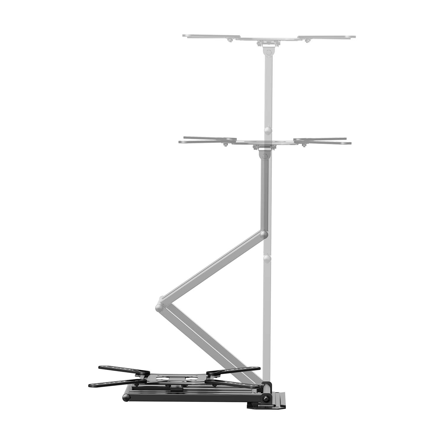 Un soporte metálico con múltiples estantes. Cuenta con un poste vertical, soportes angulados y estantes planos a varias alturas.