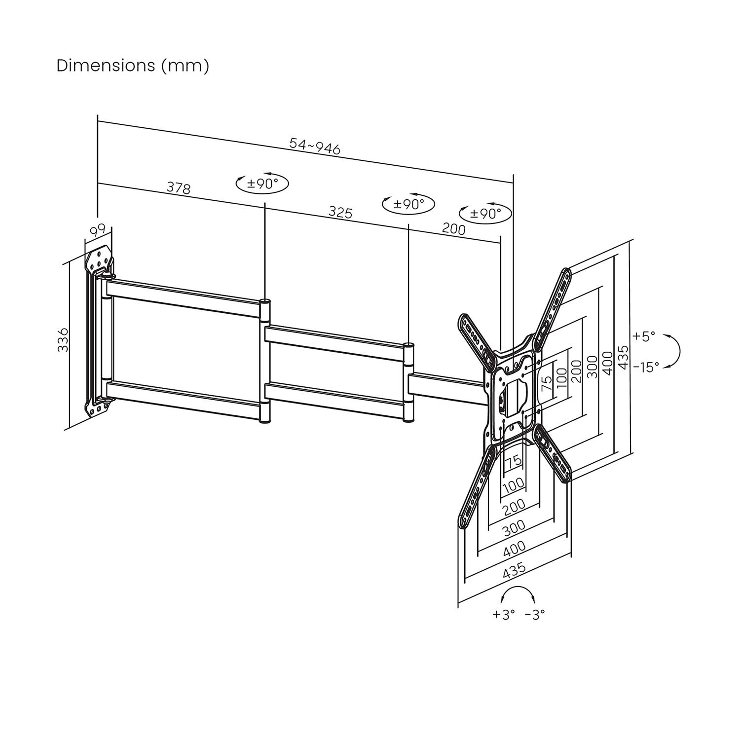 Dibujo técnico de un soporte de TV, mostrando dimensiones en mm. Incluye medidas y ángulos para instalación y ajuste.