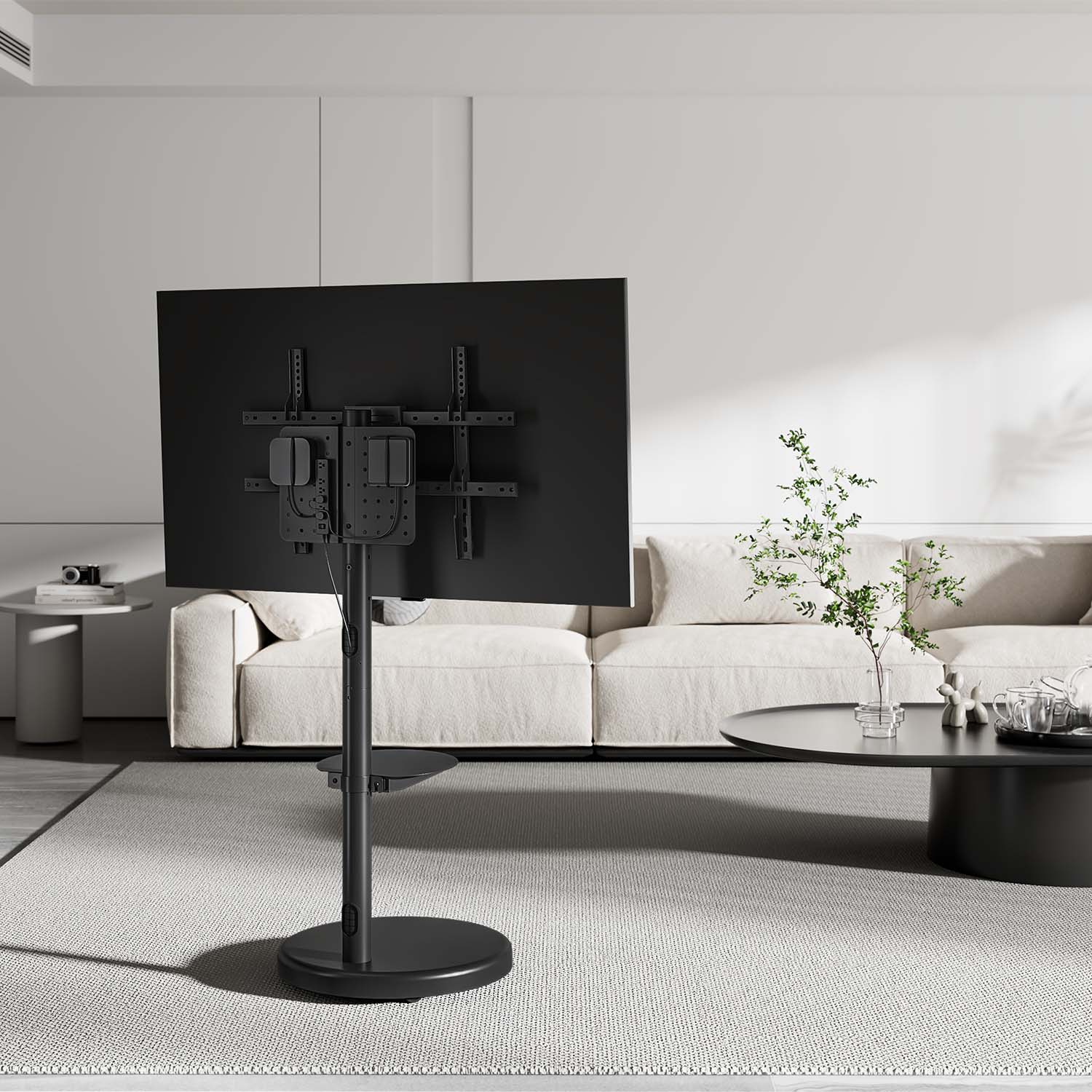 Un televisor negro sobre un soporte en una sala de estar. Se ve un sofá, una mesa de centro con plantas y una alfombra.