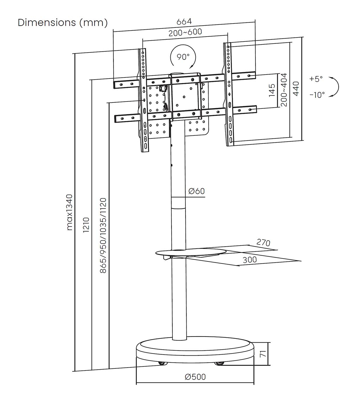 Dibujo técnico de un soporte de TV. Muestra dimensiones, ángulos y medidas en milímetros. Incluye base, poste y soportes.