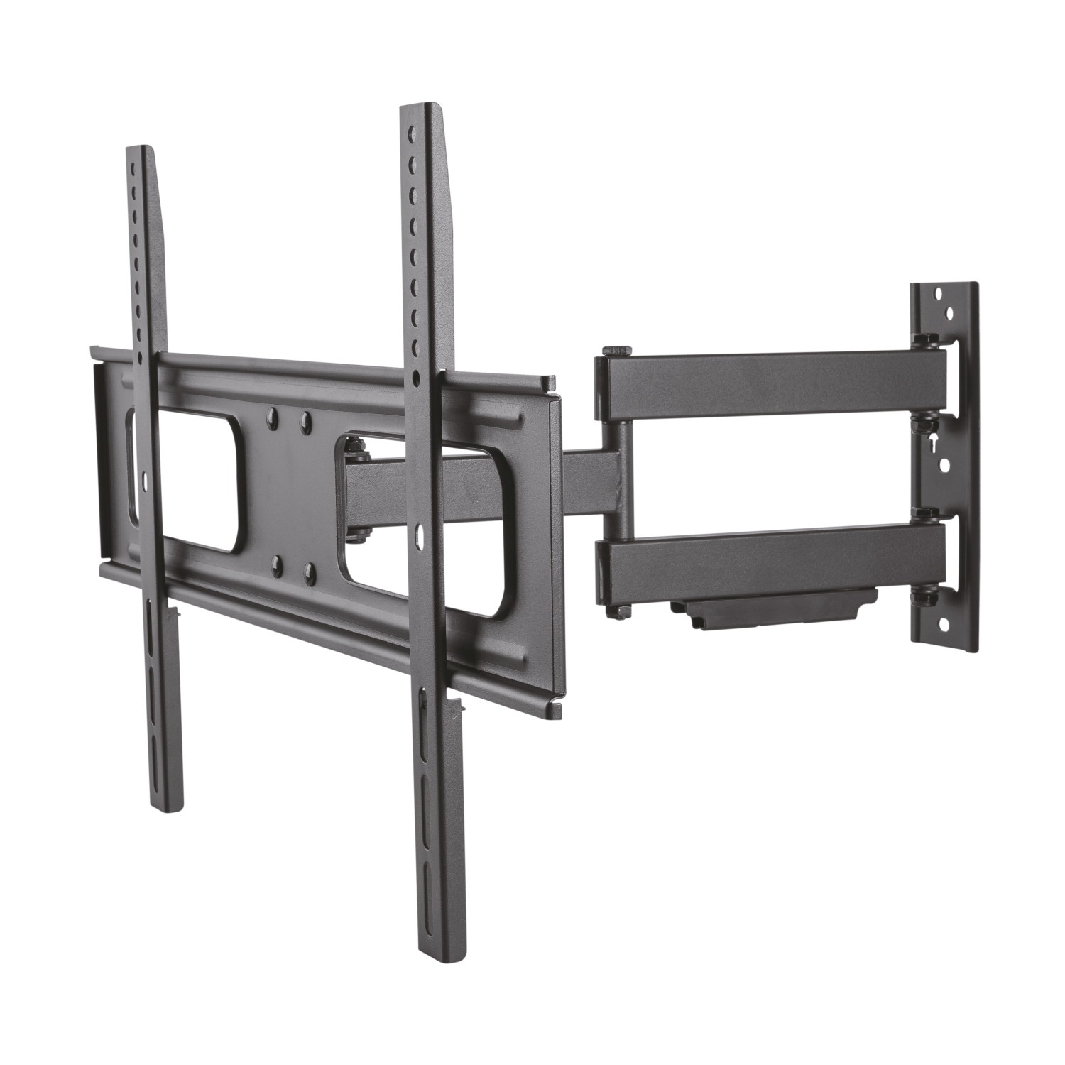 Un soporte de pared para TV negro y articulado. Tiene múltiples brazos y soportes ajustables para asegurar un televisor. El fondo es blanco.
