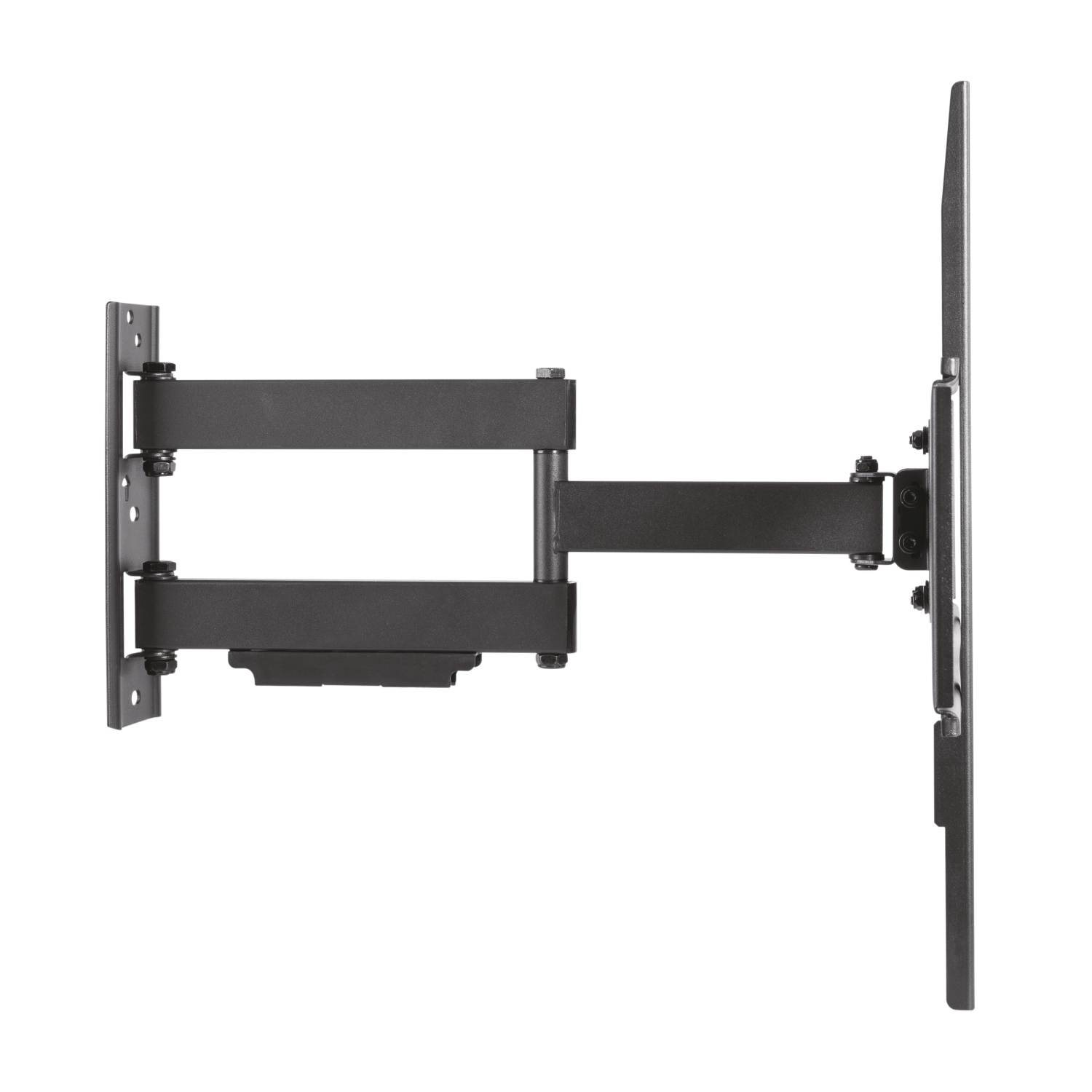 Un soporte de pared para TV negro y articulado. Tiene múltiples articulaciones y pernos, diseñado para sostener una pantalla. Aislado sobre fondo blanco.