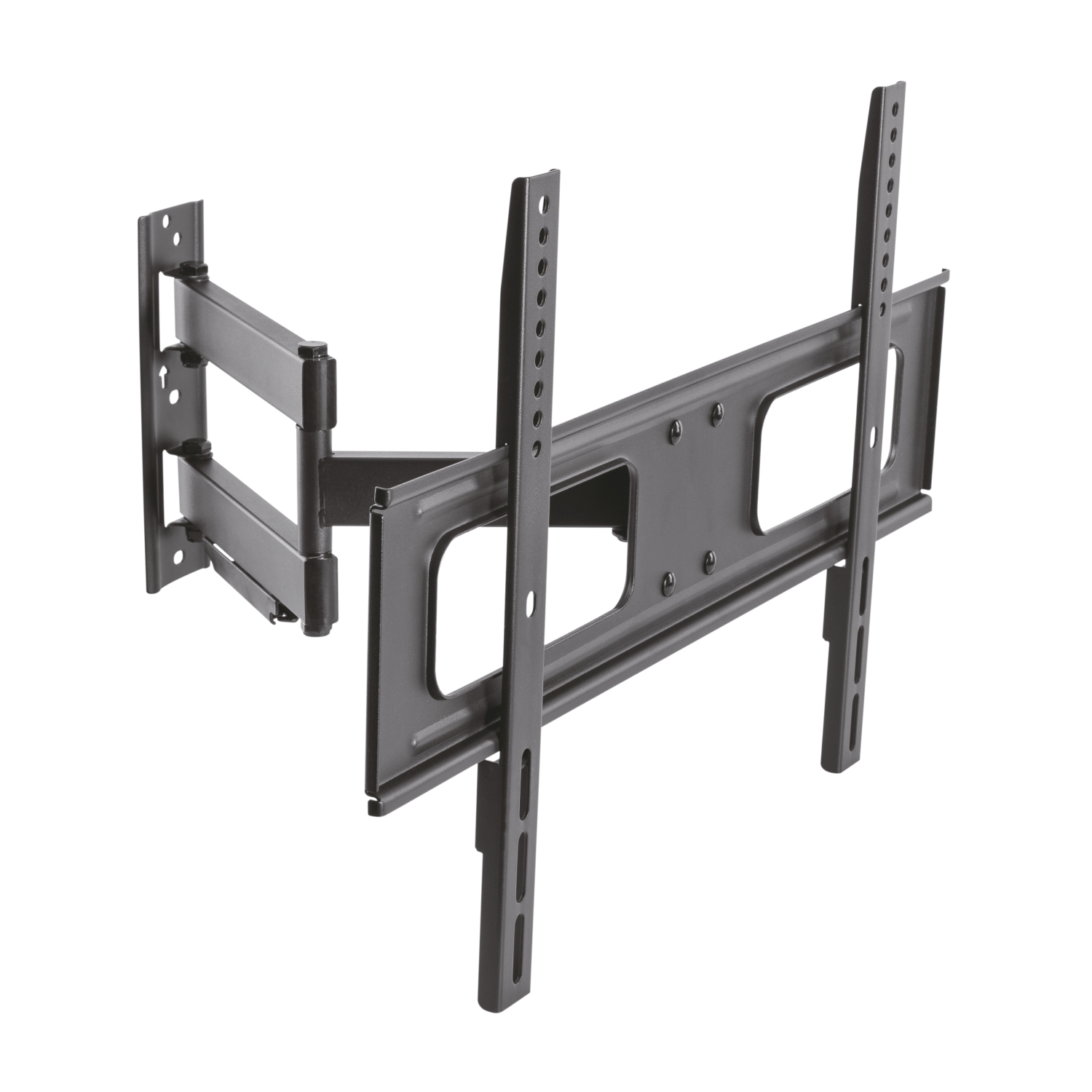 Un soporte de pared para TV negro y articulado se muestra sobre un fondo blanco. Tiene múltiples juntas y placas de montaje con tornillos.