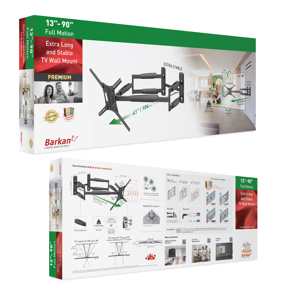 Die Box zeigt eine TV-Wandhalterung. Sie enthält Produktdetails, Spezifikationen und Bilder der Halterung und ihrer Funktionen.