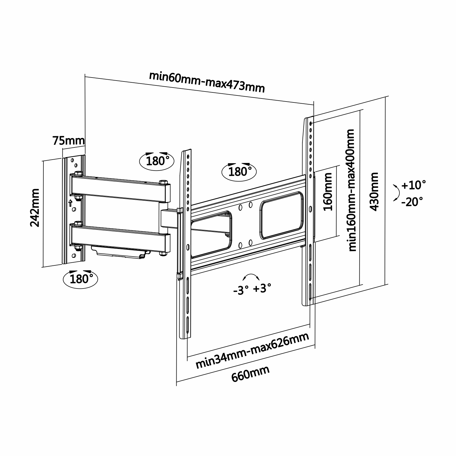 Diagrama de un soporte de pared para TV, que muestra dimensiones, ángulos y rangos de ajuste para la instalación. Incluye medidas como 660 mm y 430 mm.