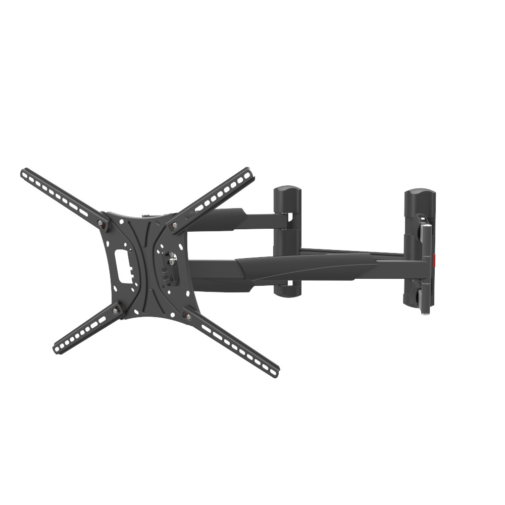 Eine schwarze, bewegliche TV-Wandhalterung auf weißem Hintergrund. Sie hat mehrere Arme und Montageplatten mit verschiedenen Löchern.