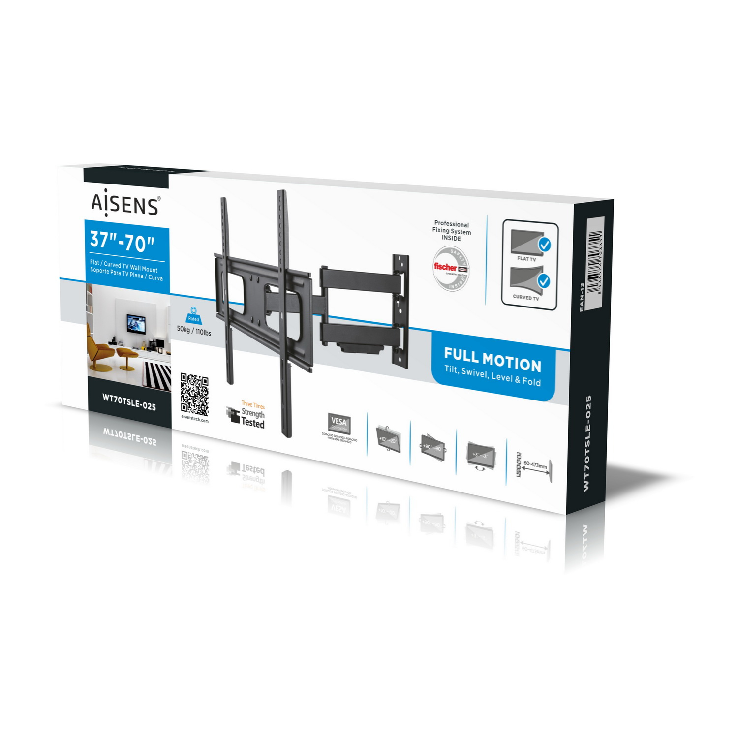 Caja con soporte de pared para TV negro. El texto dice '37"-70", TV plano/curvo, movimiento completo, inclinación, giro, nivel y pliegue, VESA compatible.
