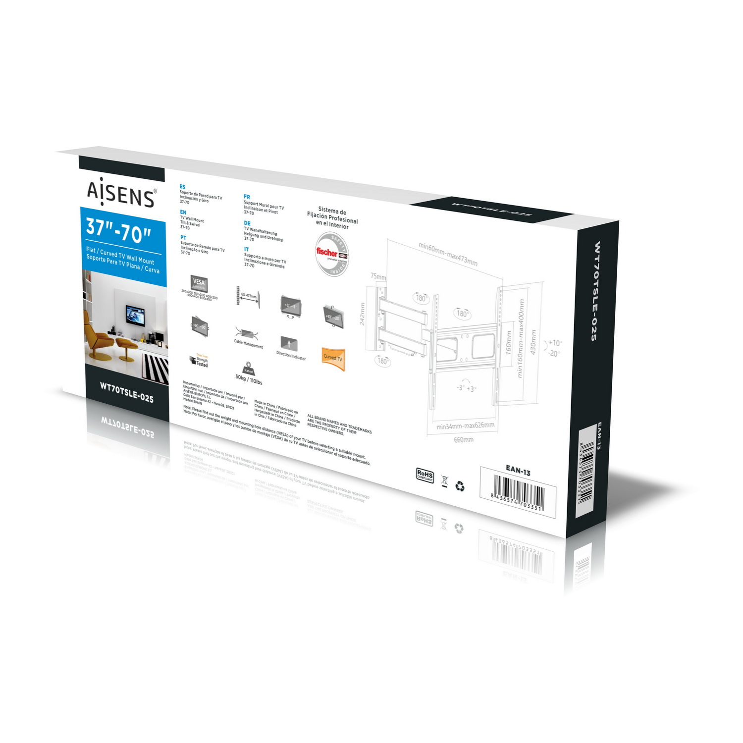 Una caja de soporte de pared para TV, con un gráfico de TV curvo. El texto incluye 'Aisens', '37-70' y varias traducciones de idiomas.