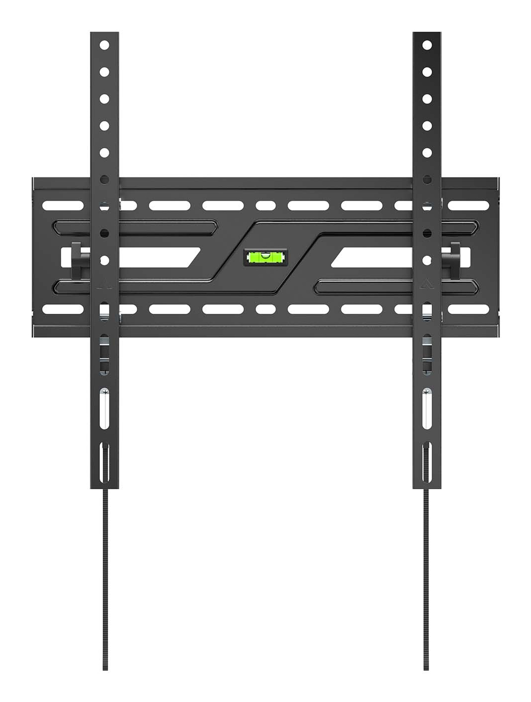 Un supporto a parete nero per TV con livello. Ha due staffe verticali e una staffa orizzontale centrale con fori.