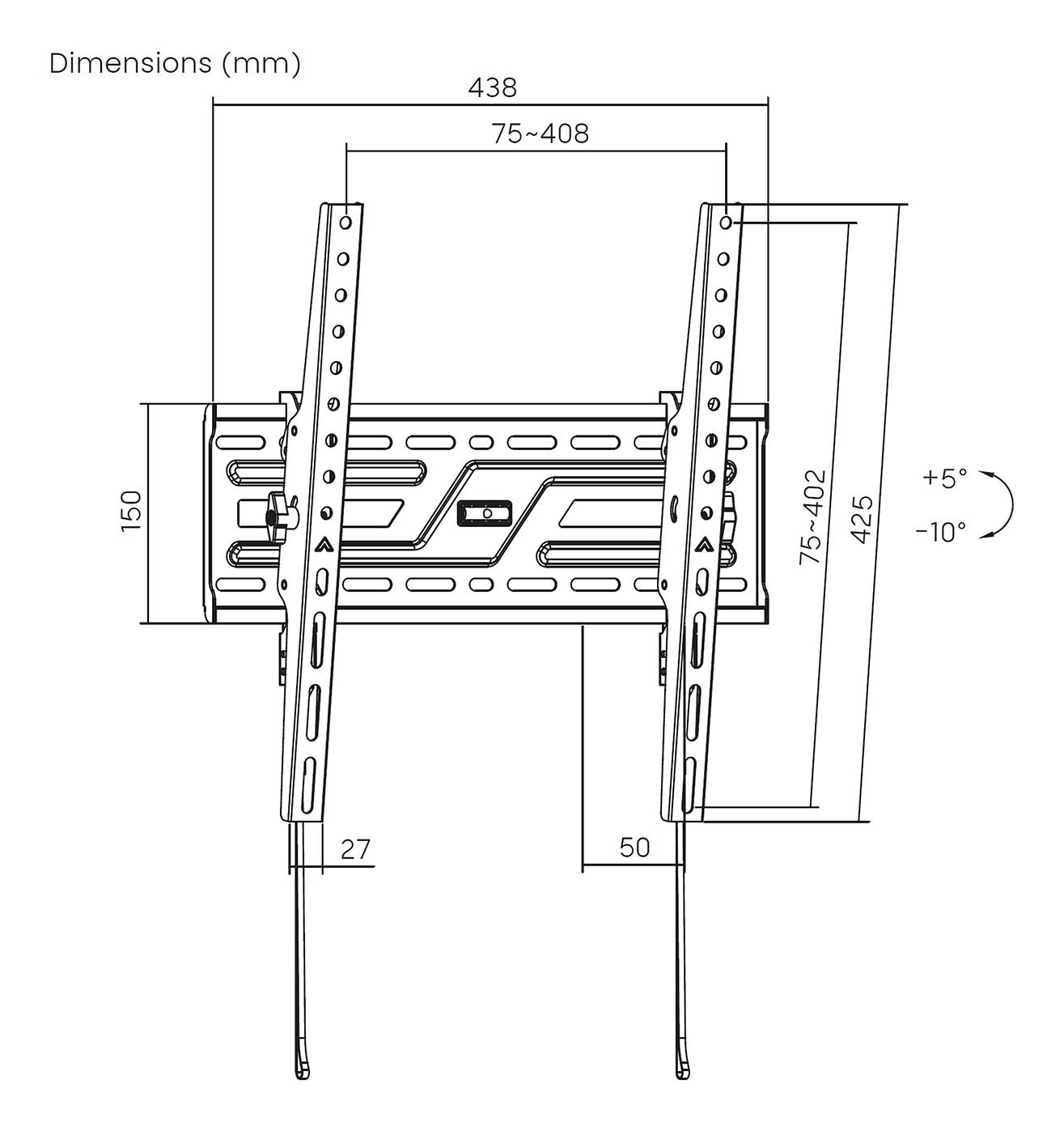 Disegno tecnico di un supporto TV con dimensioni. Mostra misure in millimetri, angoli e componenti del supporto.