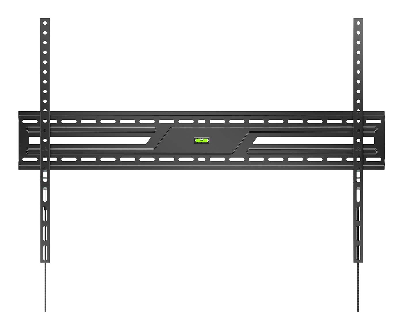 Un soporte de pared negro para TV con múltiples orificios para tornillos. Tiene un nivel verde y dos barras verticales con agujeros.