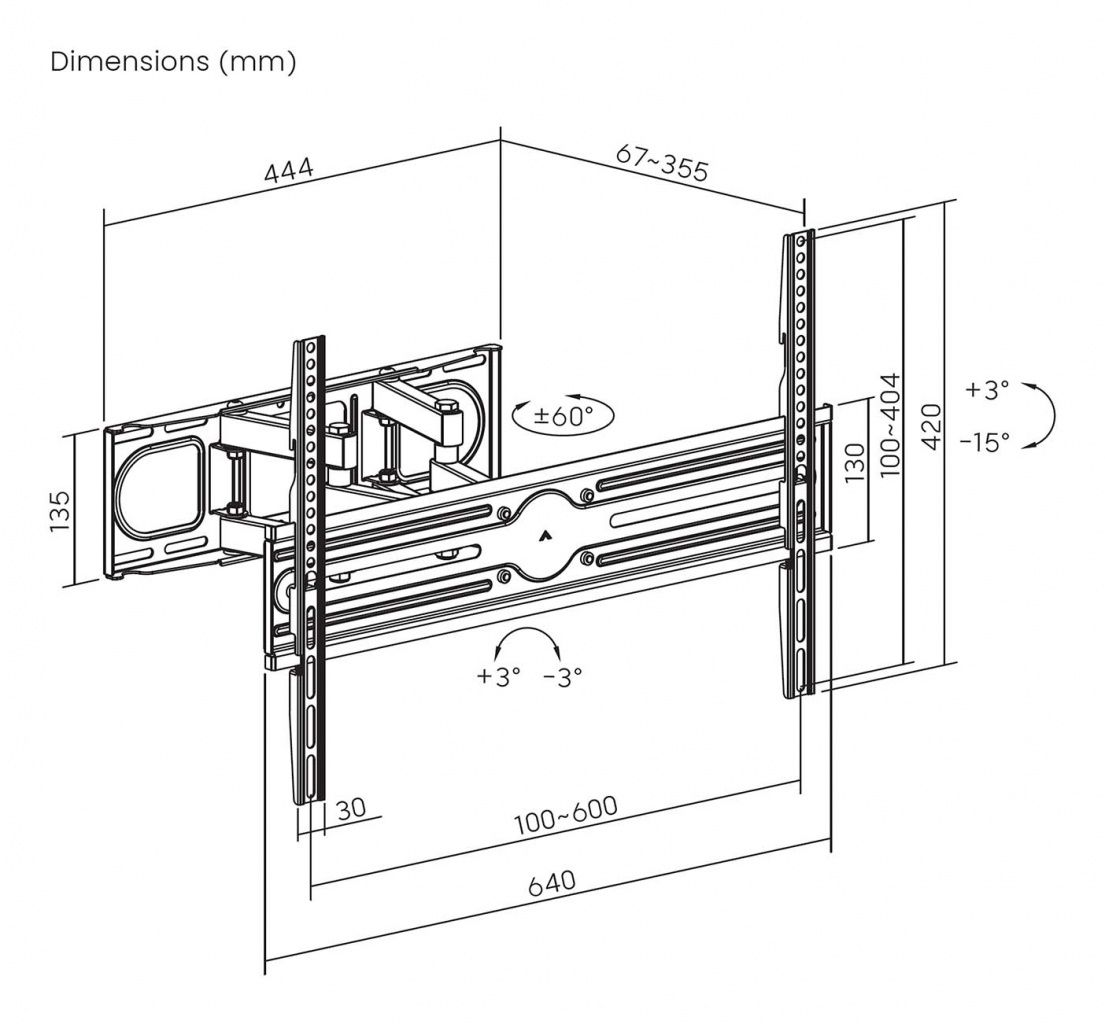 Diagramma di un supporto a parete per TV con dimensioni. Include angoli, lunghezze in mm e misure. Linee nere su sfondo bianco.