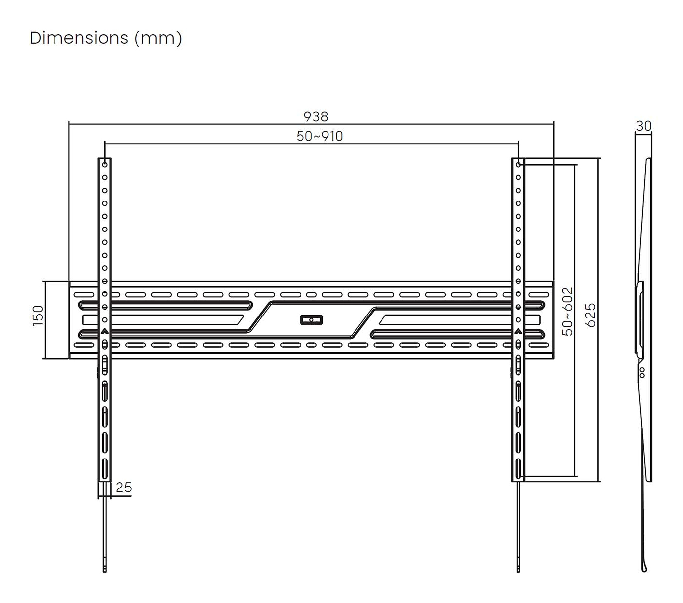 Diagrama de un soporte de TV con dimensiones en milímetros. Muestra vistas frontal y lateral, con medidas de ancho, alto y profundidad.