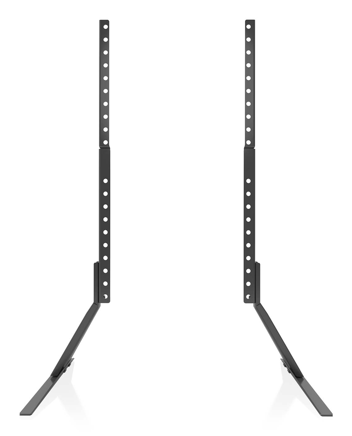 Due supporti TV neri con pali verticali e supporti di base, su sfondo bianco. Ogni palo ha fori allineati.