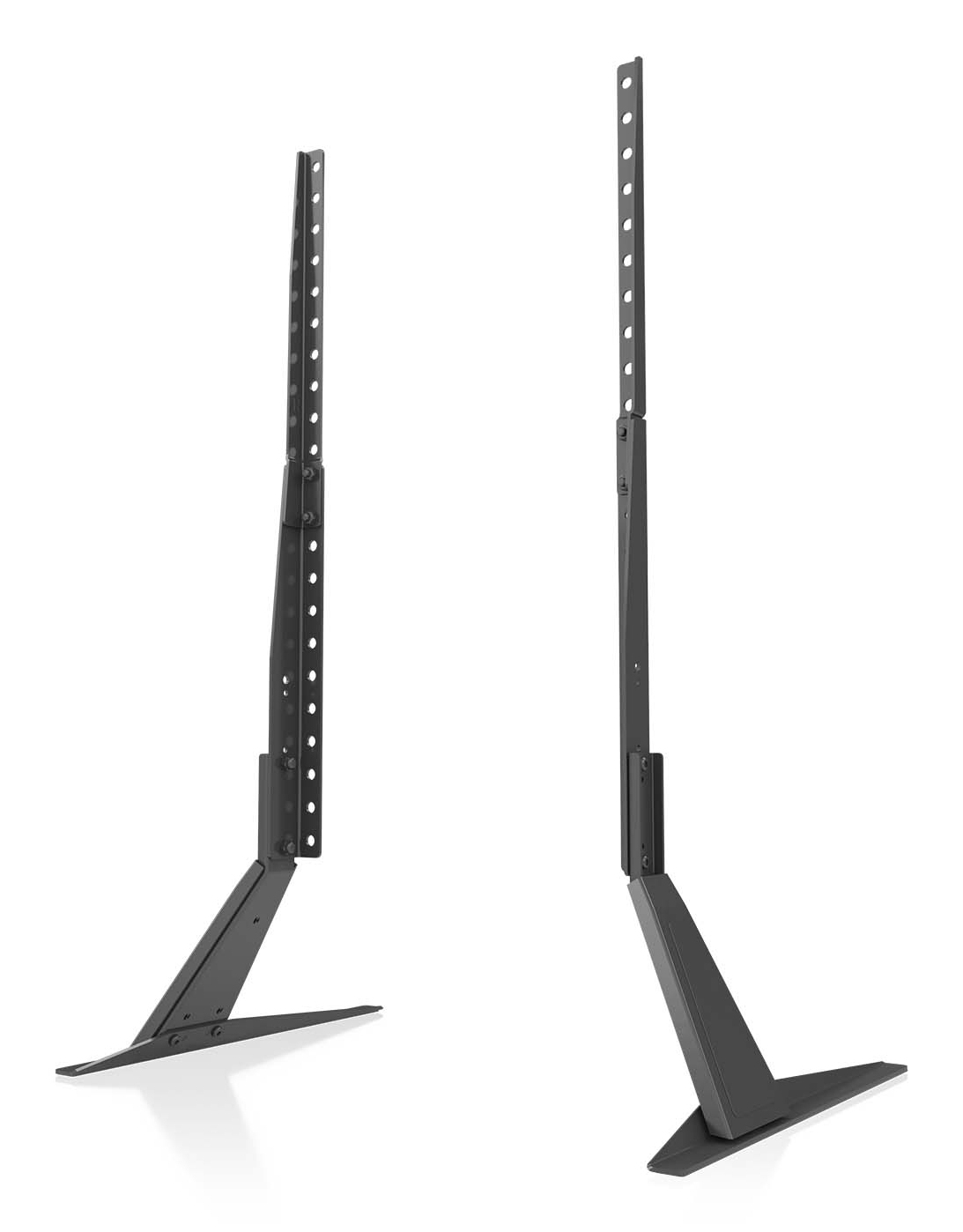 Due supporti TV neri su sfondo bianco. Ogni supporto ha una base, un palo verticale con fori e un braccio di collegamento.