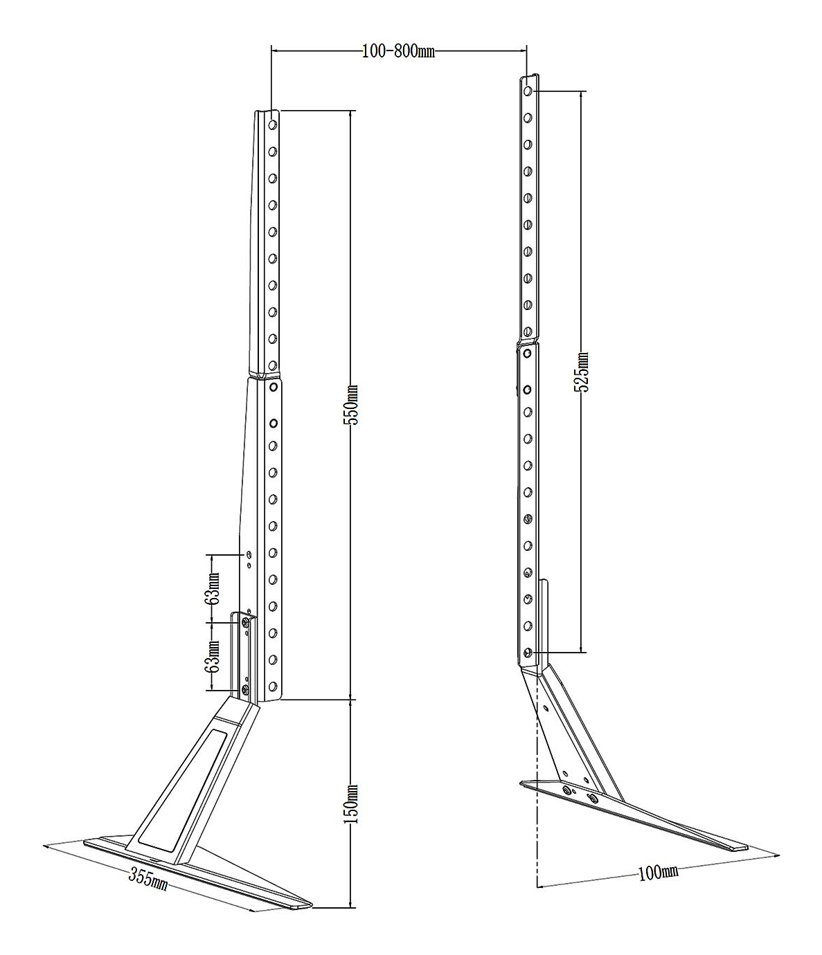 Disegno tecnico di un supporto. Ha una base, un palo verticale e diversi fori. Le dimensioni sono indicate in millimetri.