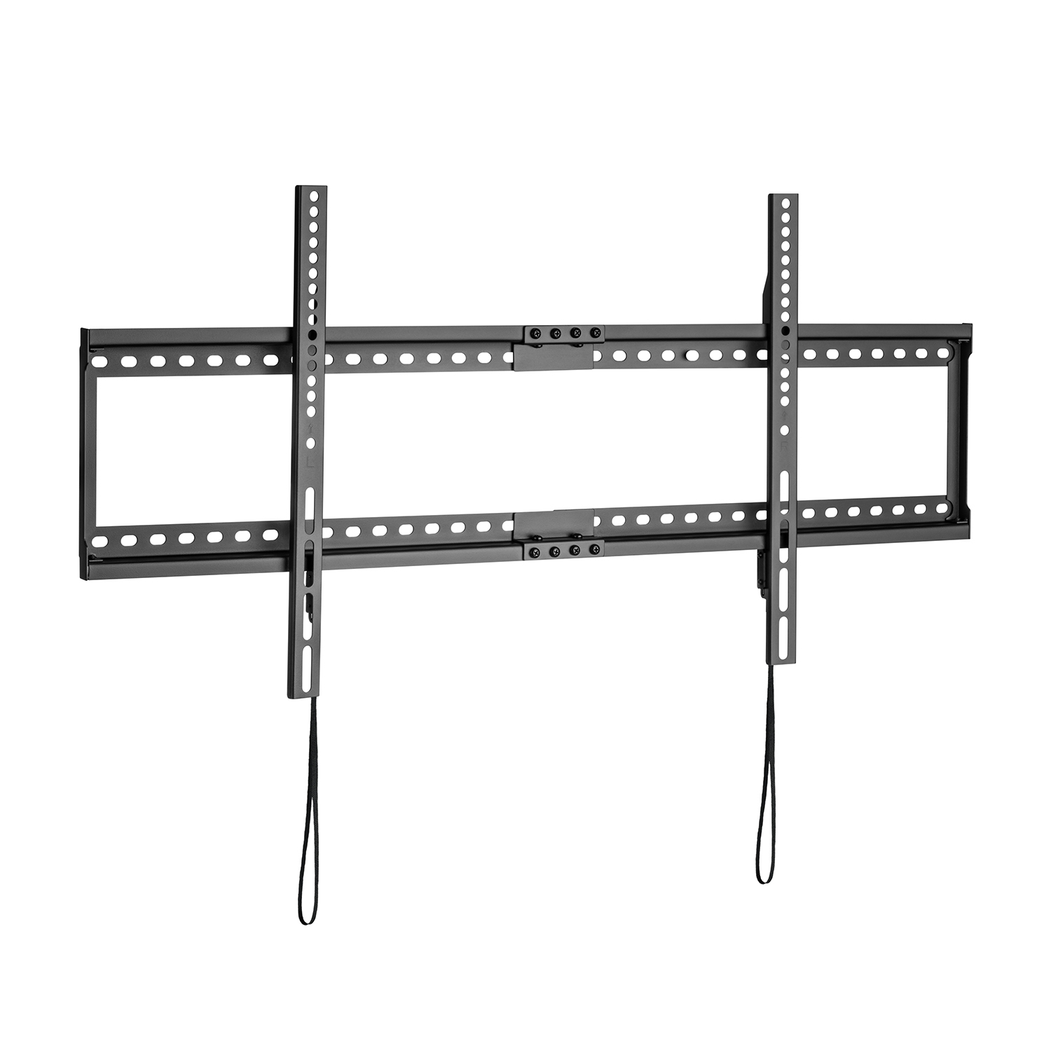 Un soporte de pared para TV negro sobre un fondo blanco. Tiene múltiples puntos de montaje y dos correas negras colgando.