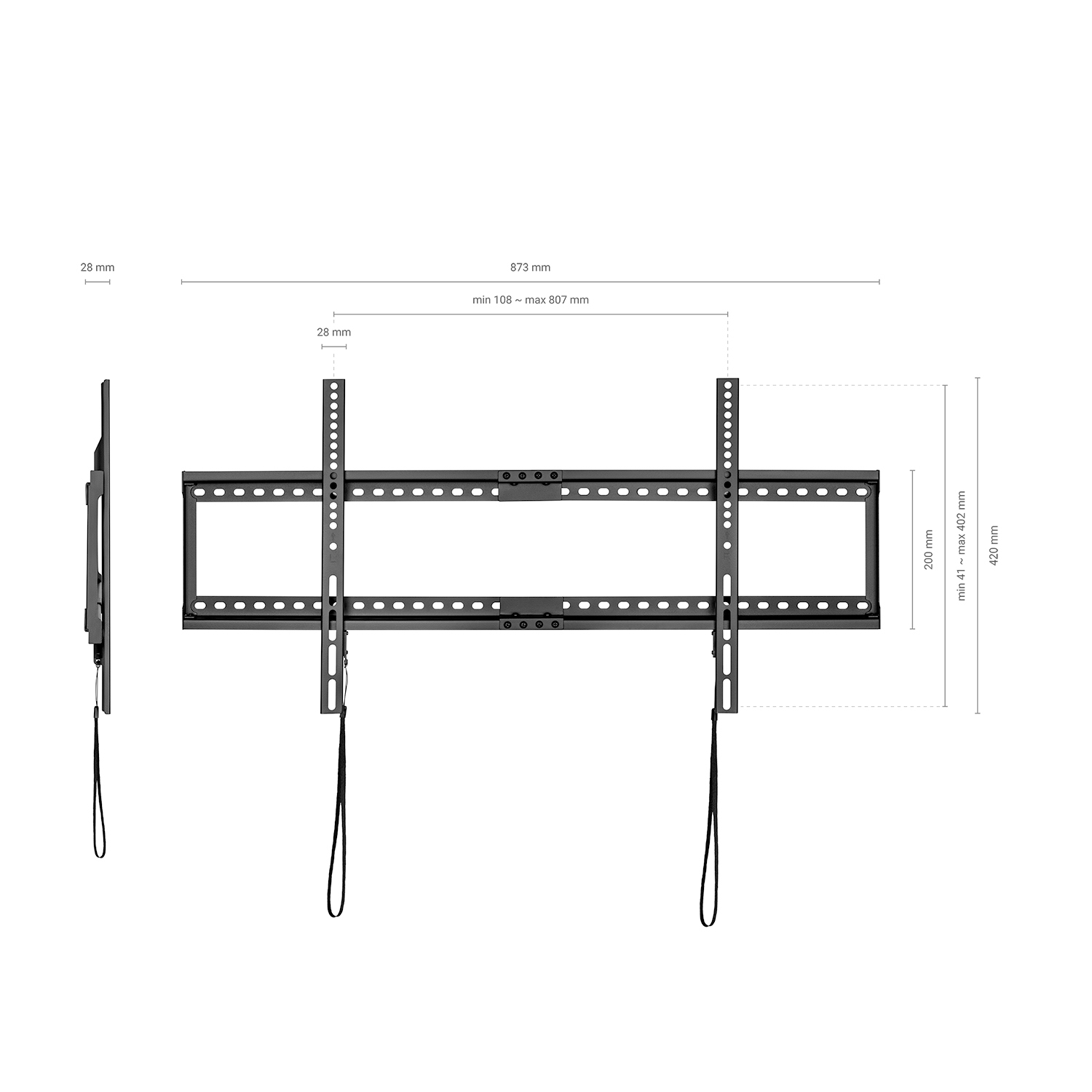 Soporte de pared para TV negro con medidas. Muestra una vista lateral y frontal. Las dimensiones se indican en milímetros.