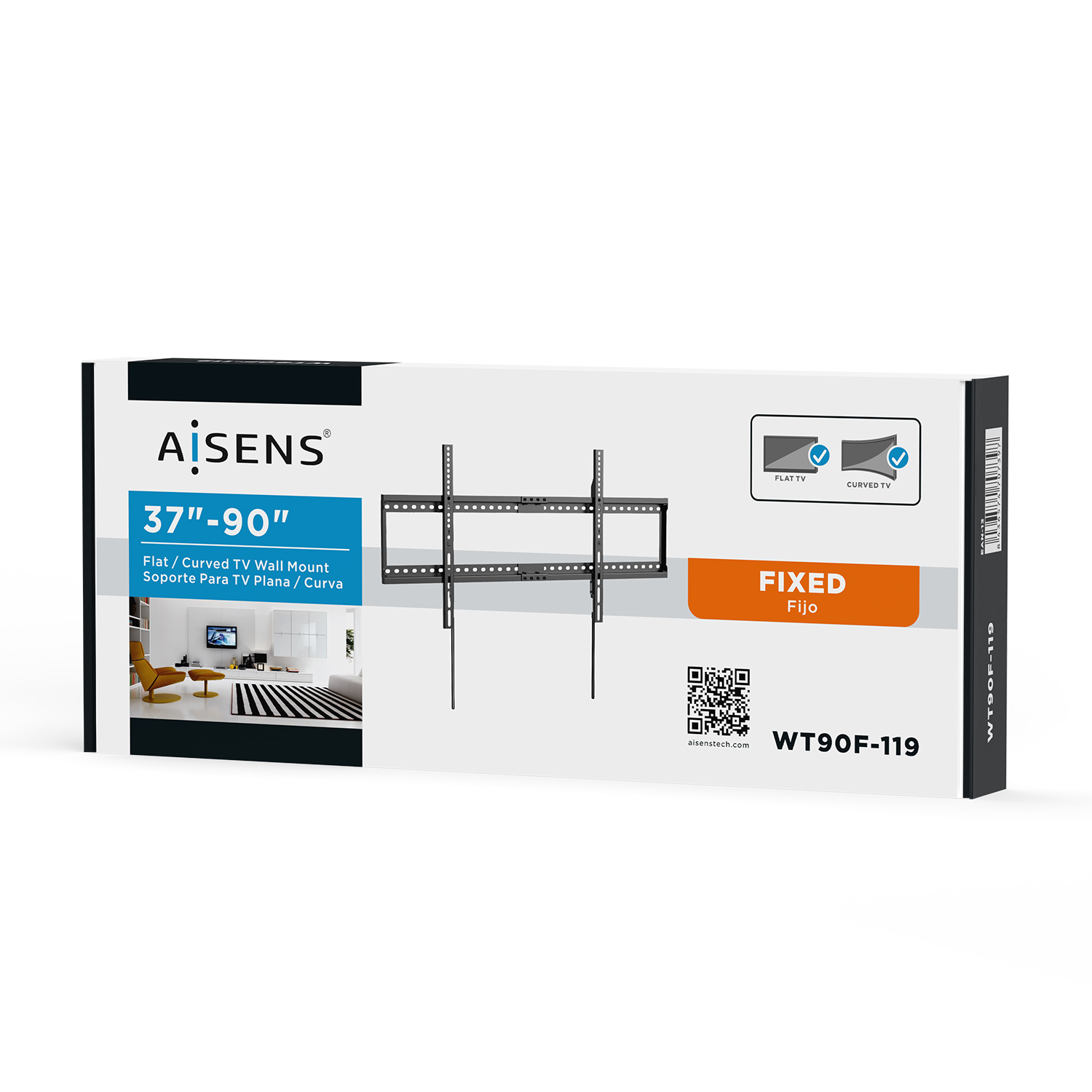 Caja de montaje en pared para TV Aisens. Blanco y negro. Muestra un soporte de TV, características y especificaciones, incluida la compatibilidad con TV planas y curvas.